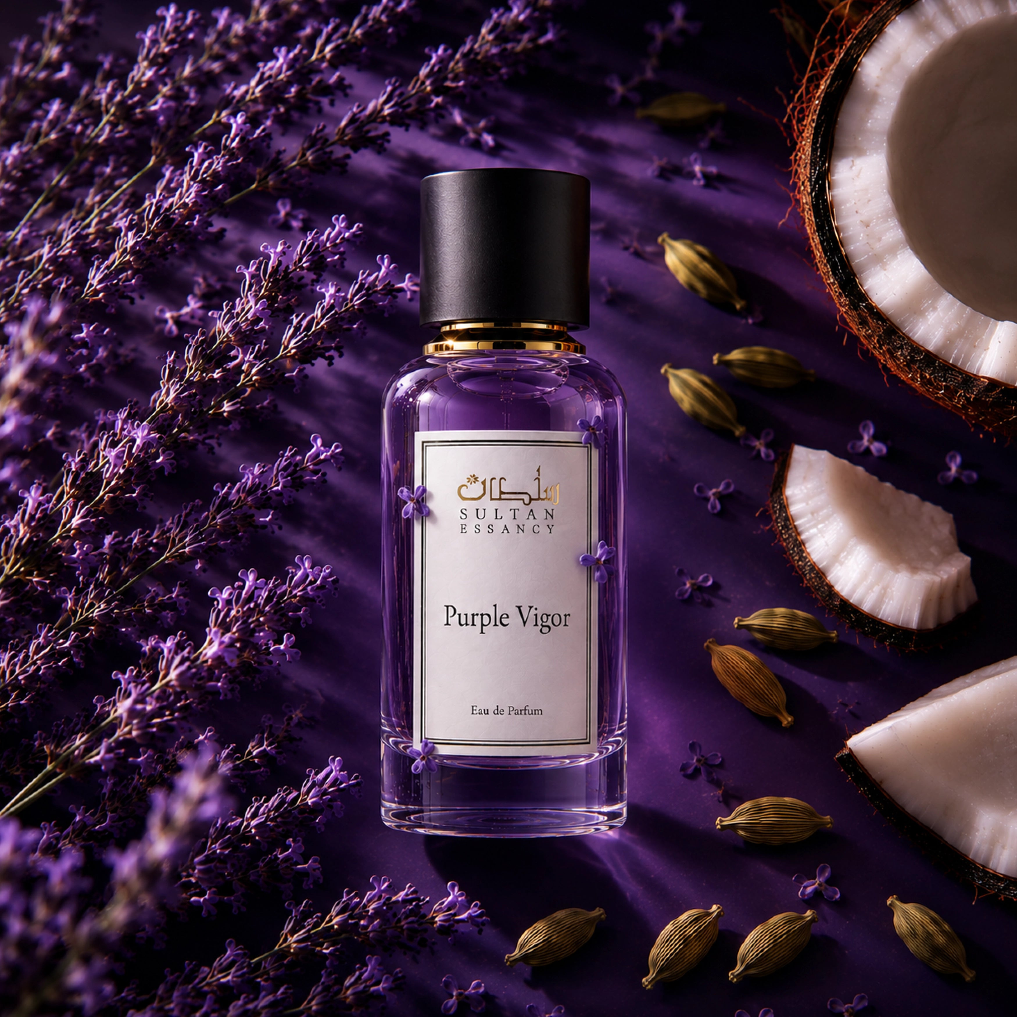 Purple Vigor Herrenparfum von Sultan Essancy mit Lavendel, Kokosnuss und Kardamom – cremig-würziger Eau-de-Parfum-Duft