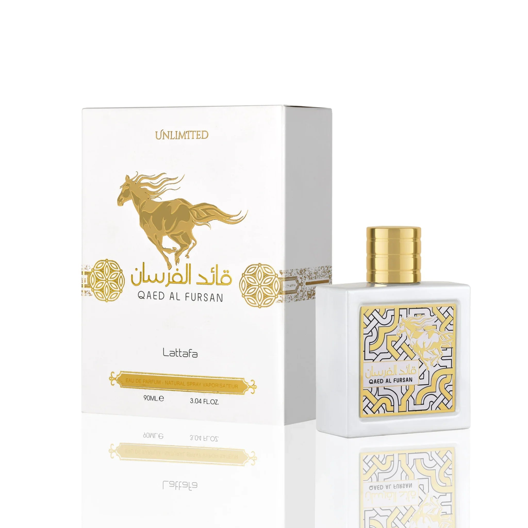 Qaed Al Fursan Unlimited Lattafa Eau de Parfum Flakon und Verpackung 90ml