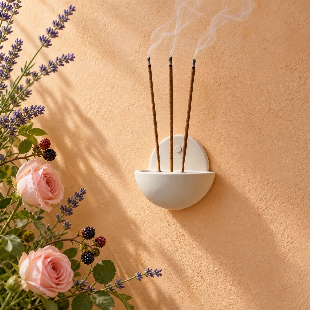 Flute Relaxation Räucherstäbchen in einem weißen Keramik-Wandhalter vor apricotfarbener Putzwand mit Rosen, Lavendel und Beeren