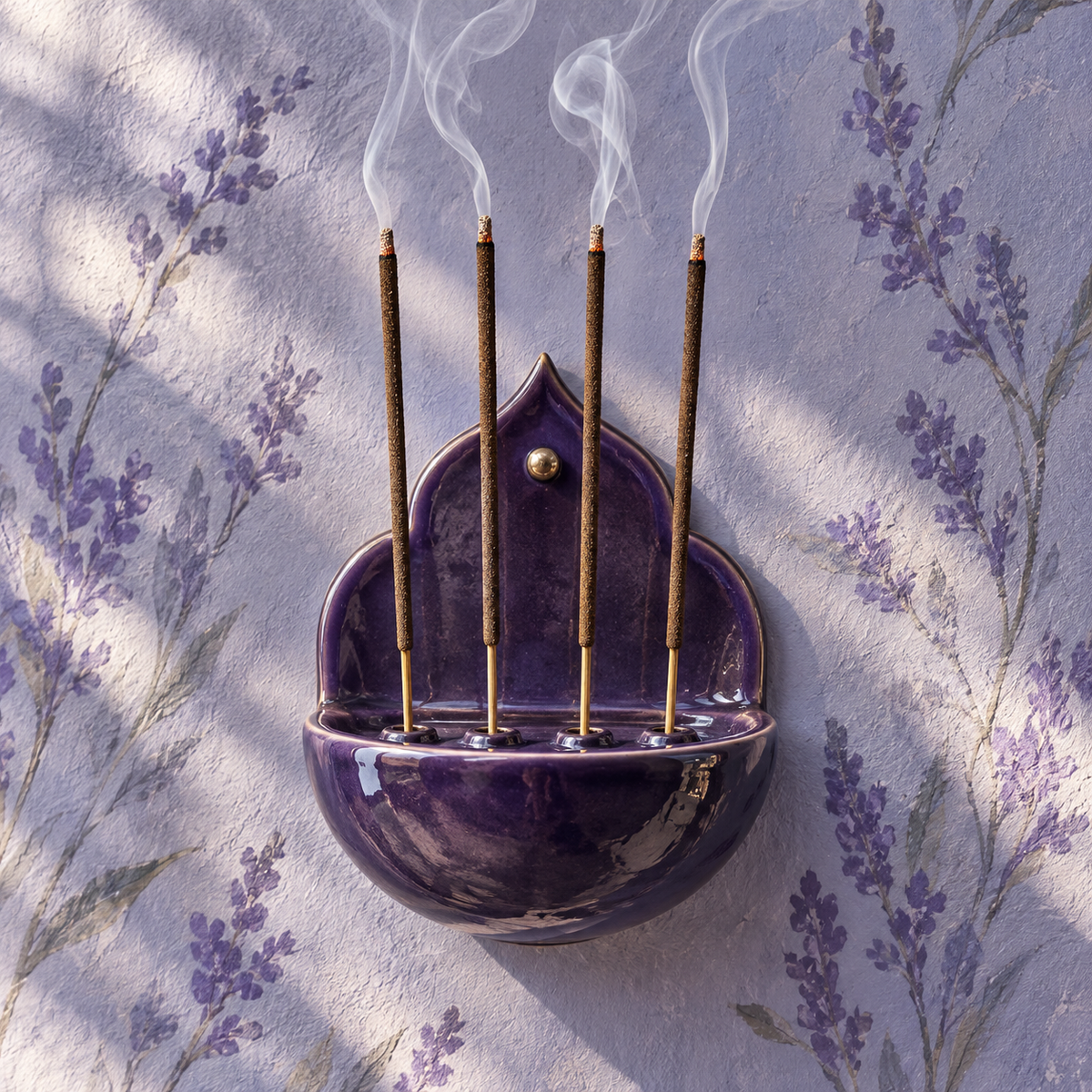 Brennende Räucherstäbchen in violettem Keramik-Wandhalter vor lavendelblauer Wand mit Lavendelmotiv