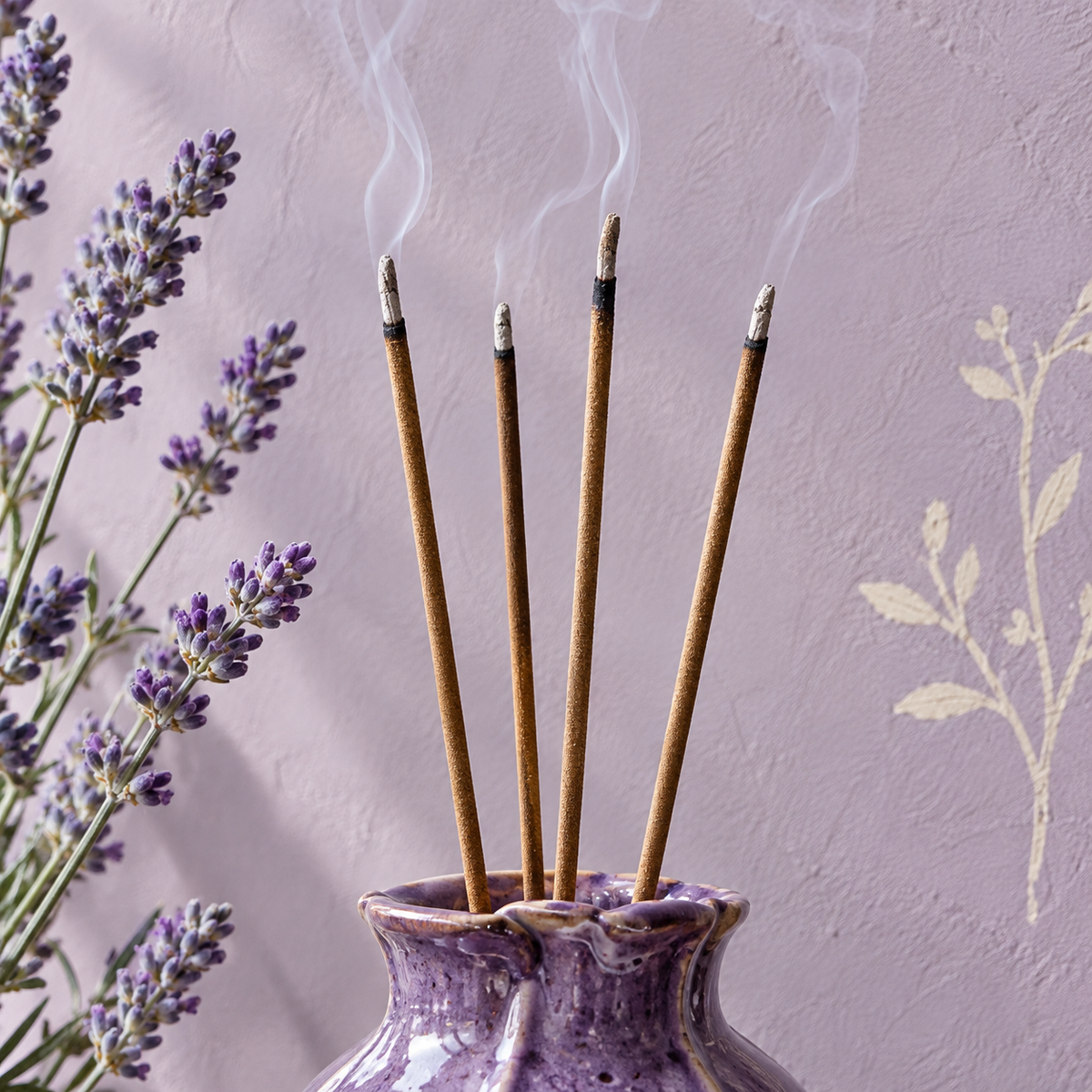 Brennende Räucherstäbchen im violetten Keramikhalter vor zartlila Wand mit Lavendel