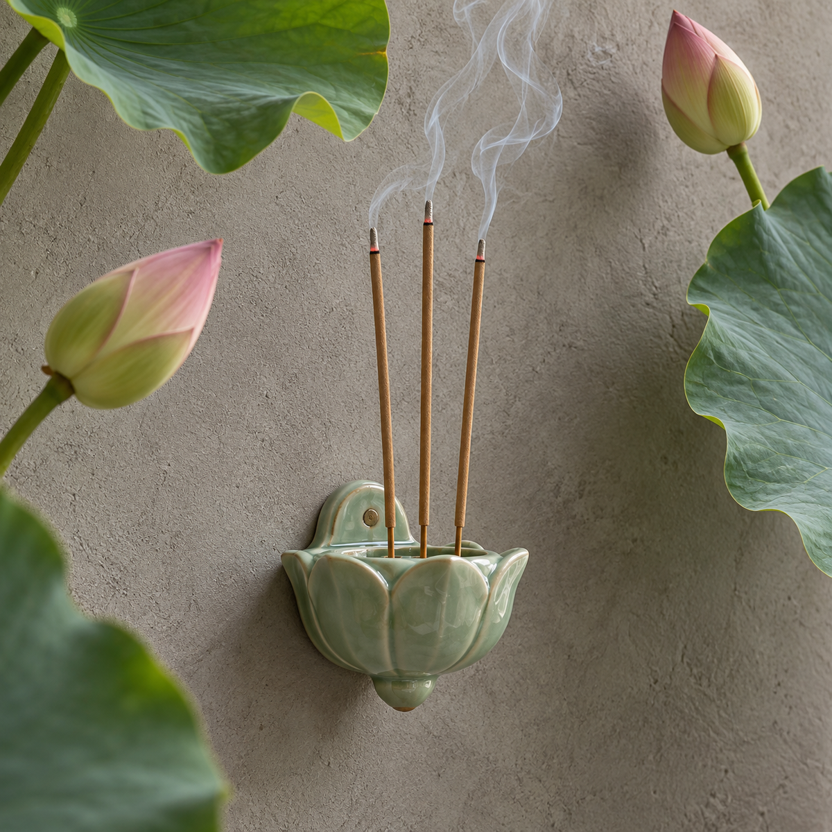 Shalimar Lotus Räucherstäbchen in einem jadefarbenen Keramik-Wandhalter mit frischen Lotusblättern