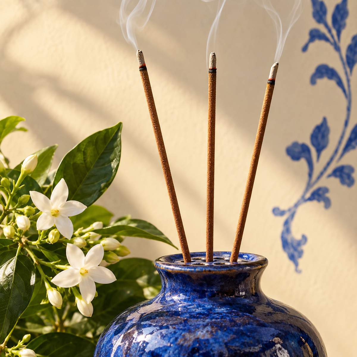 Brennende Räucherstäbchen im kobaltblauen Keramikhalter mit weißen Jasminblüten vor heller Wand