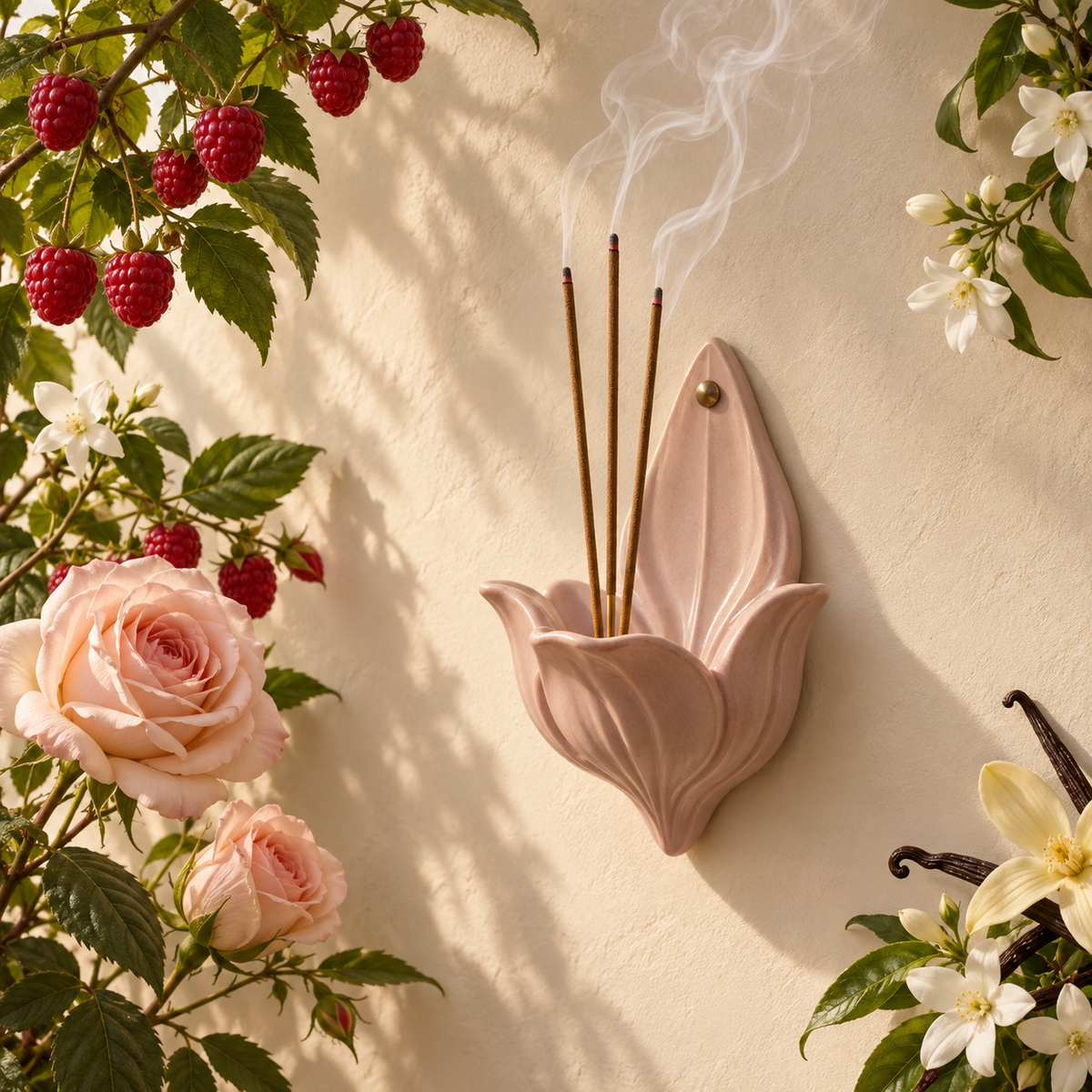 Shalimar Yara Räucherstäbchen in einem roséfarbenen Keramik-Wandhalter mit Rosen, Himbeeren und Jasminzweigen