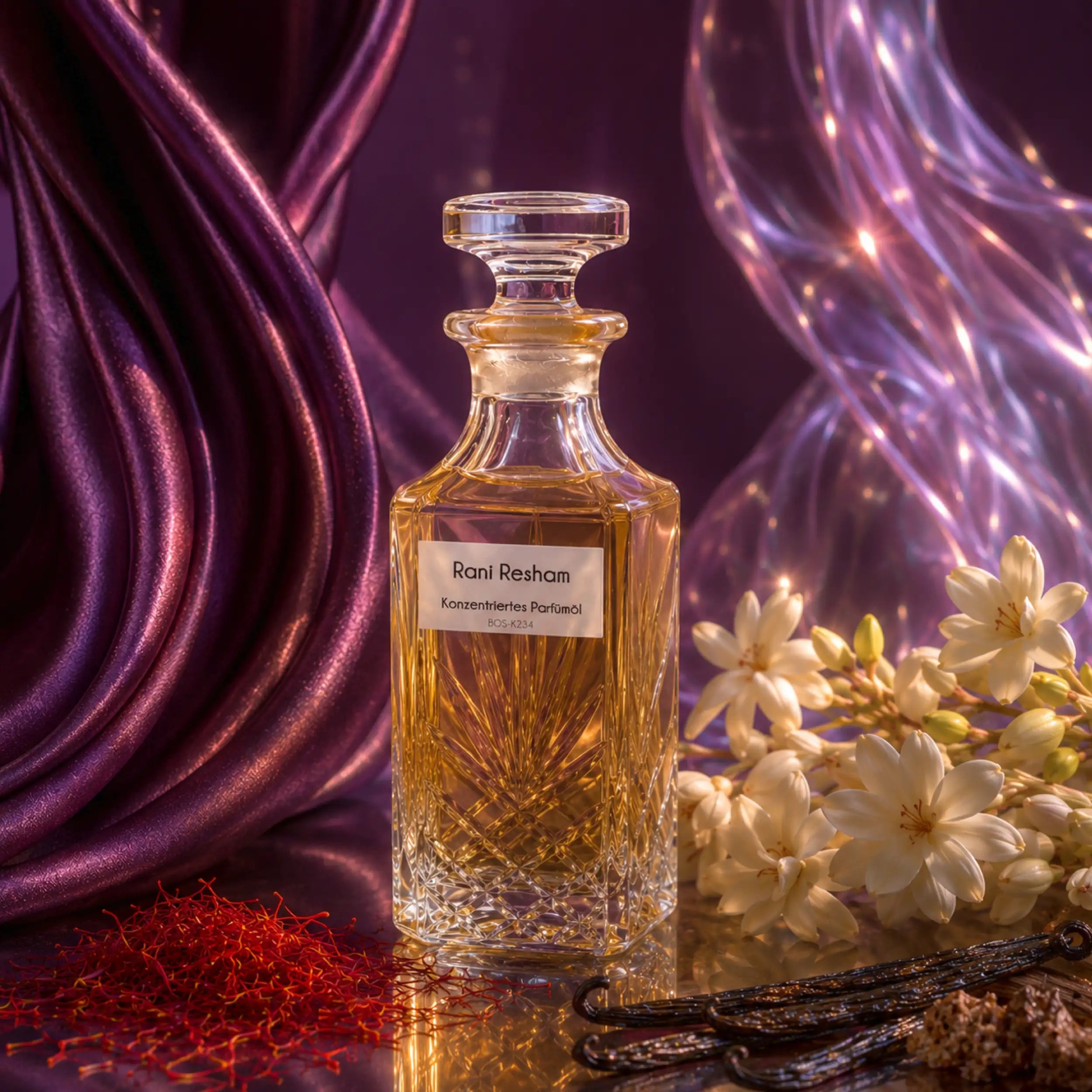 Rani Resham Parfümöl von Sultan Essancy mit Safran, Tuberose, Vanille, Oud und Weihrauch vor fließender violetter Seide