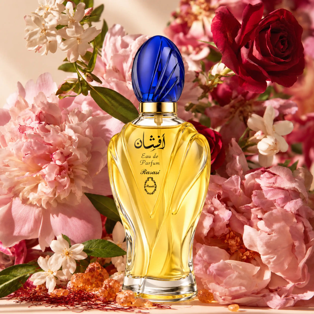 Rasasi Afshan Eau de Parfum mit Pfingstrosen, roten Rosen, weißen Blüten und Safran