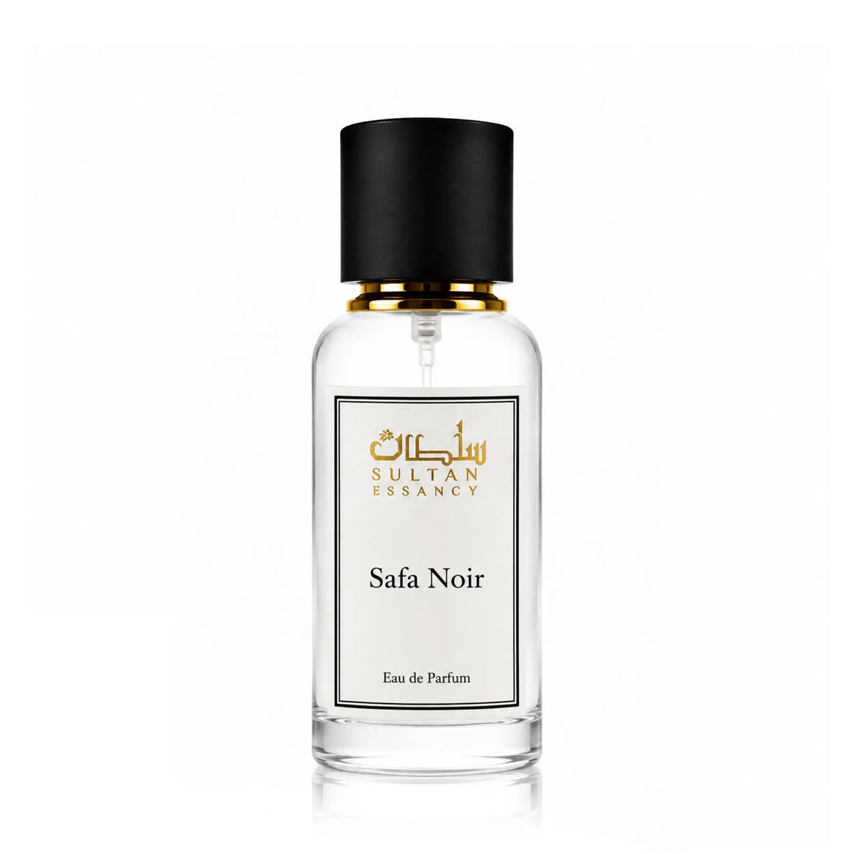 Safa Noir von Sultan Essancy transparenter Eau de Parfum Flakon mit holzigem, aromatischem Duftcharakter aus Feige, Vetiver und Tabak