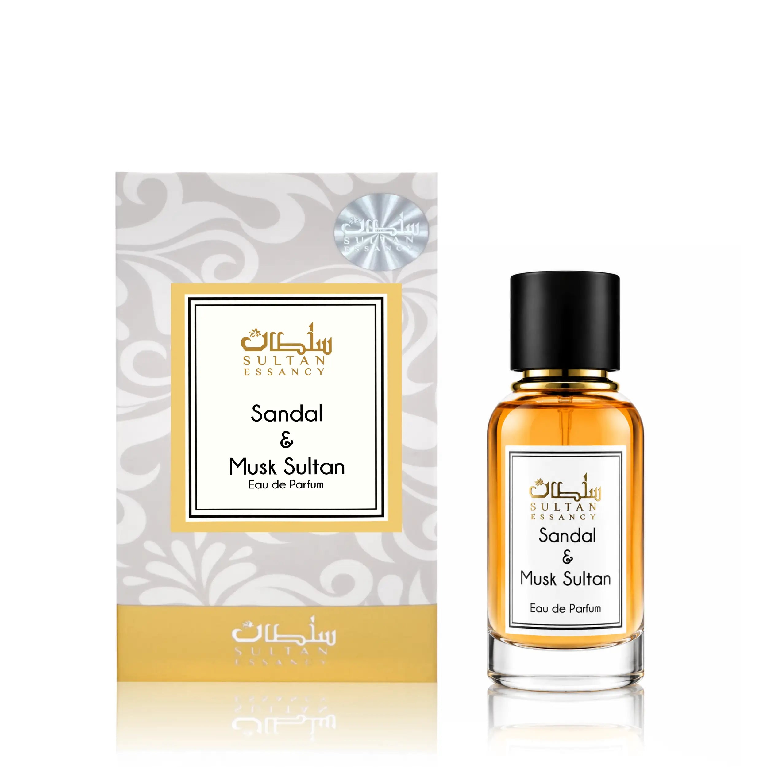 Sandal & Musk Sultan Eau de Parfum Set von Sultan Essancy mit Parfümflakon und Geschenkbox auf weißem Hintergrund