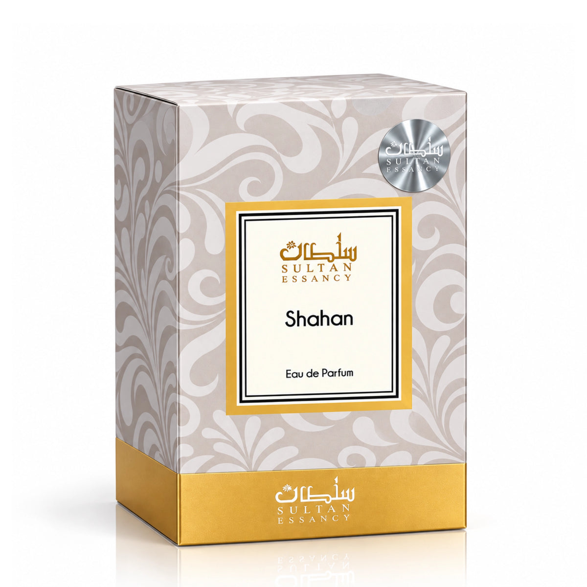 Shahan Sultan Essancy Eau de Parfum für Herren – Verpackung des holzig-erdigen Duftes mit Zedernholz und Nagarmotha