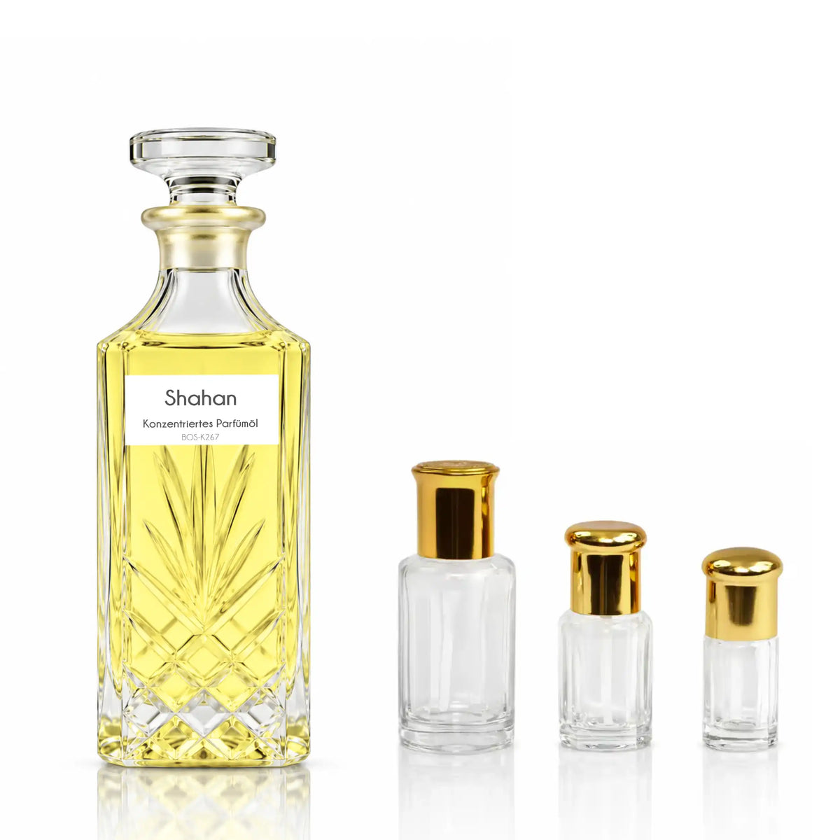 Shahan Sultan Essancy konzentriertes Parfümöl für Herren mit Kristallflakon und kleineren Glasflakons – holziger Duft mit Zedernholz, Amyris und Cypriol