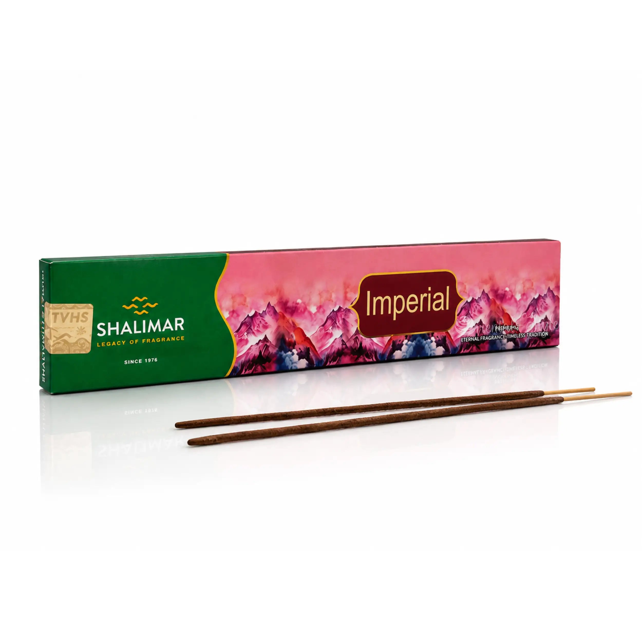 Shalimar Imperial Räucherstäbchen mit drei sichtbaren Stäbchen vor der Verpackung, floraler Raumduft mit elegantem Duftcharakter