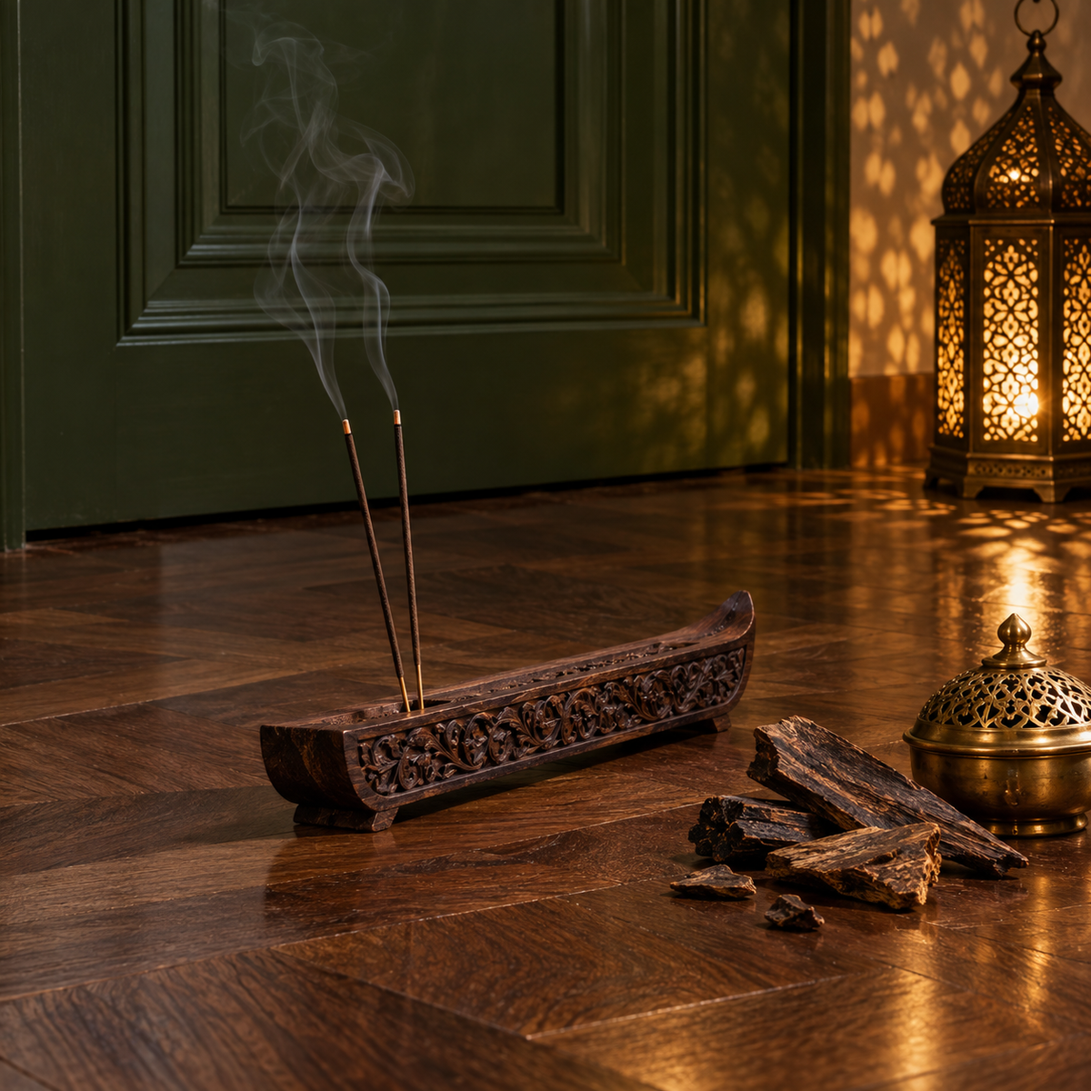 Oudh Räucherstäbchen im geschnitzten Holzhalter mit Agarholz