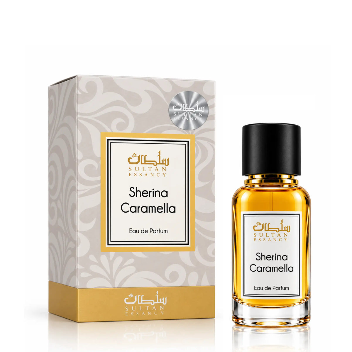 Sherina Caramella Eau de Parfum für Damen – Sultan Essancy
Alt-Text
Sherina Caramella Eau de Parfum für Damen von Sultan Essancy – Glasflakon mit bernsteinfarbenem Parfüm, schwarzem Verschluss und beigefarbener, goldverzierter Verpackung.