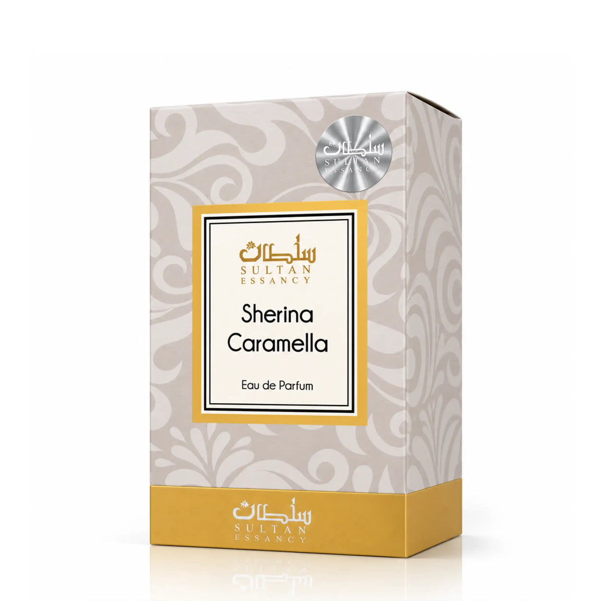 Verpackung von Sherina Caramella Eau de Parfum von Sultan Essancy – beigefarbene Parfümbox mit ornamentalem Muster, goldenen Akzenten und sichtbarer Seitenfläche.