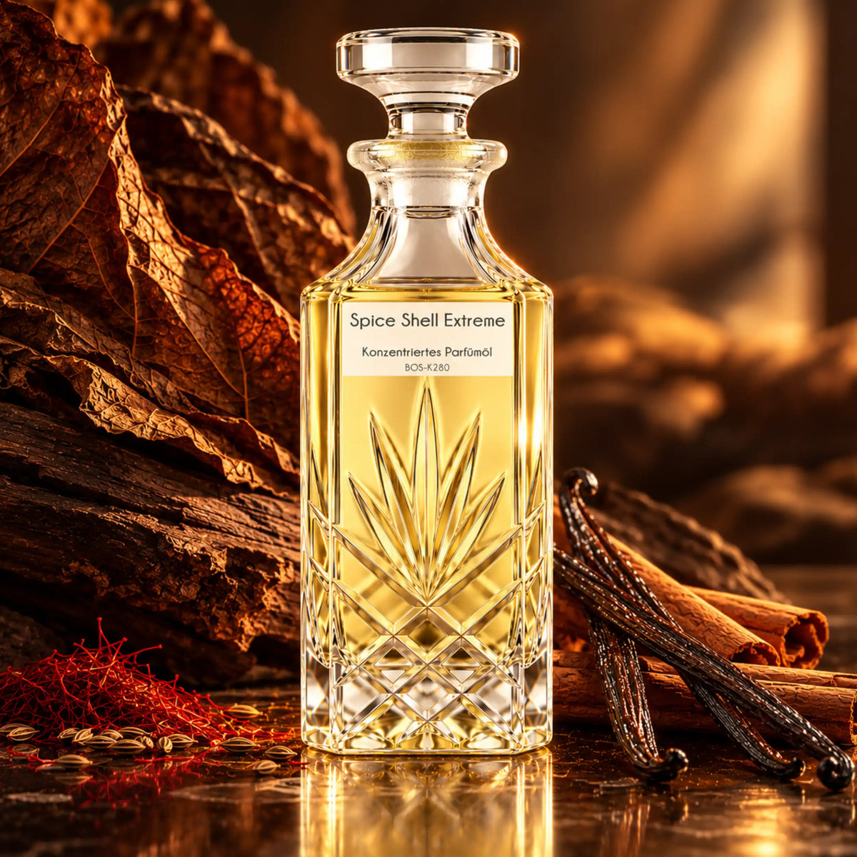 Spice Shell Extreme Sultan Essancy Parfümöl in einer warmen Duftszene mit Tabak, Vanille, Zimt und Saffran – süß-würziger Herrenduft mit Bourbon Whiskey