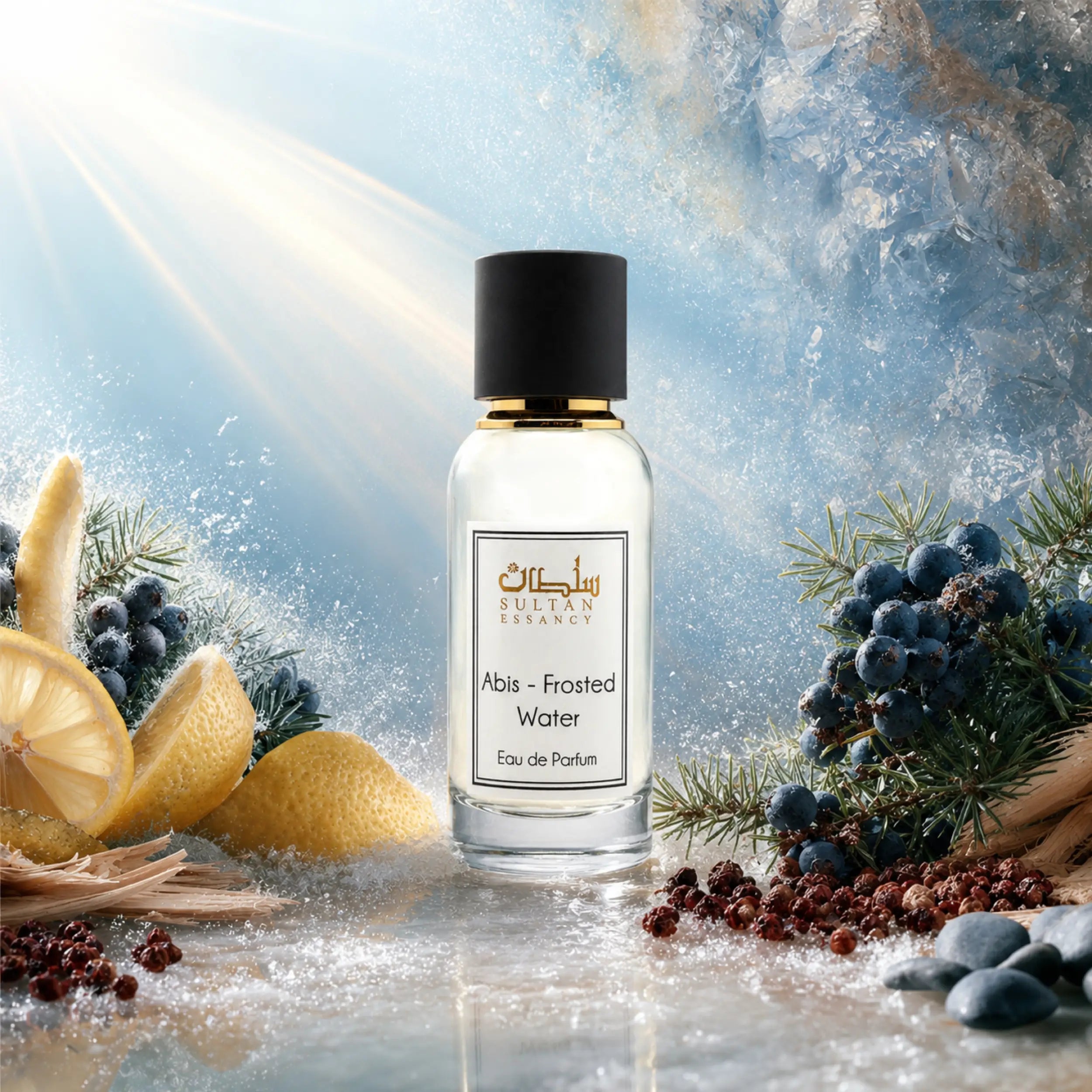 Sultan Essancy Abis Frosted Water Eau de Parfum für Männer in frostiger Zedrat-Wacholder-Szene, zitrisch-kühler Dupe und Duftzwilling mit Timur, Mineralnoten und Holz bei Oriental-Style