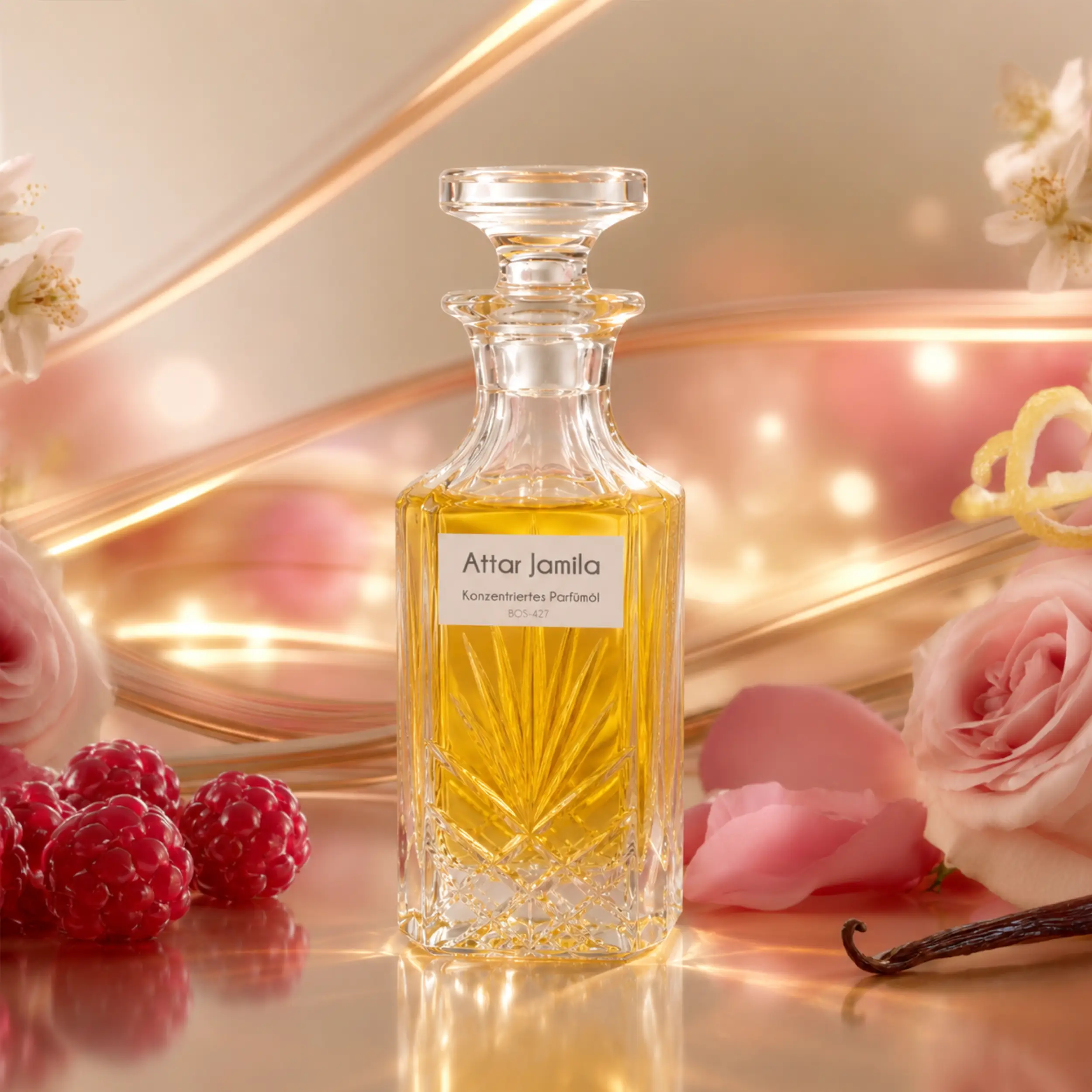 Sultan Essancy Attar Jamila Parfümöl in luxuriöser Himbeere-Rose-Vanille-Szene, fruchtig-süßer Duftzwilling und Dupe mit Moschus und Amberwood – Oriental-Style