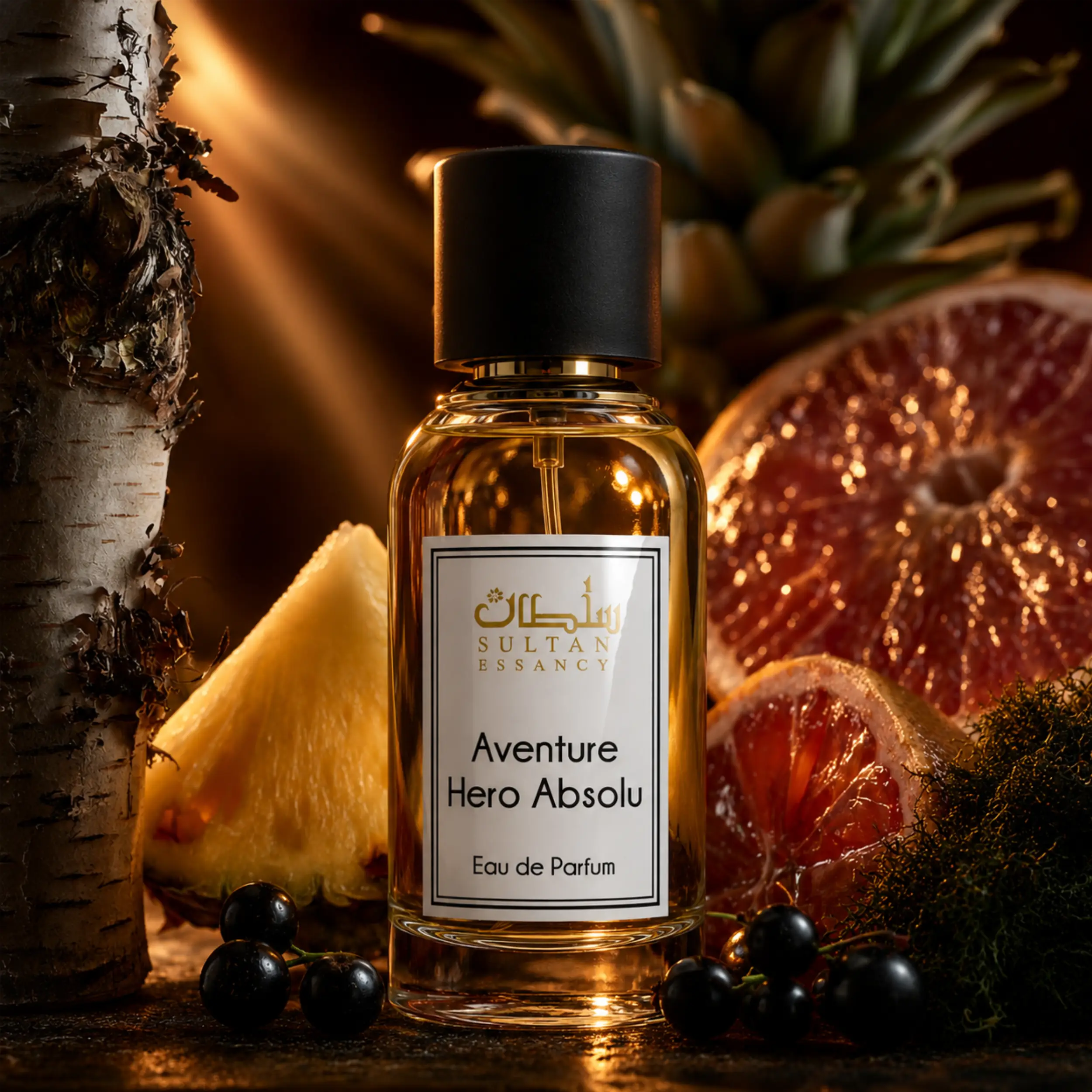 Sultan Essancy Aventure Hero Absolu Flakon in Duftszene mit Ananas, Grapefruit, dunklen Beeren und Moos, ein moderner Dupe für holzig-zitrische Herrendüfte bei Oriental-Style