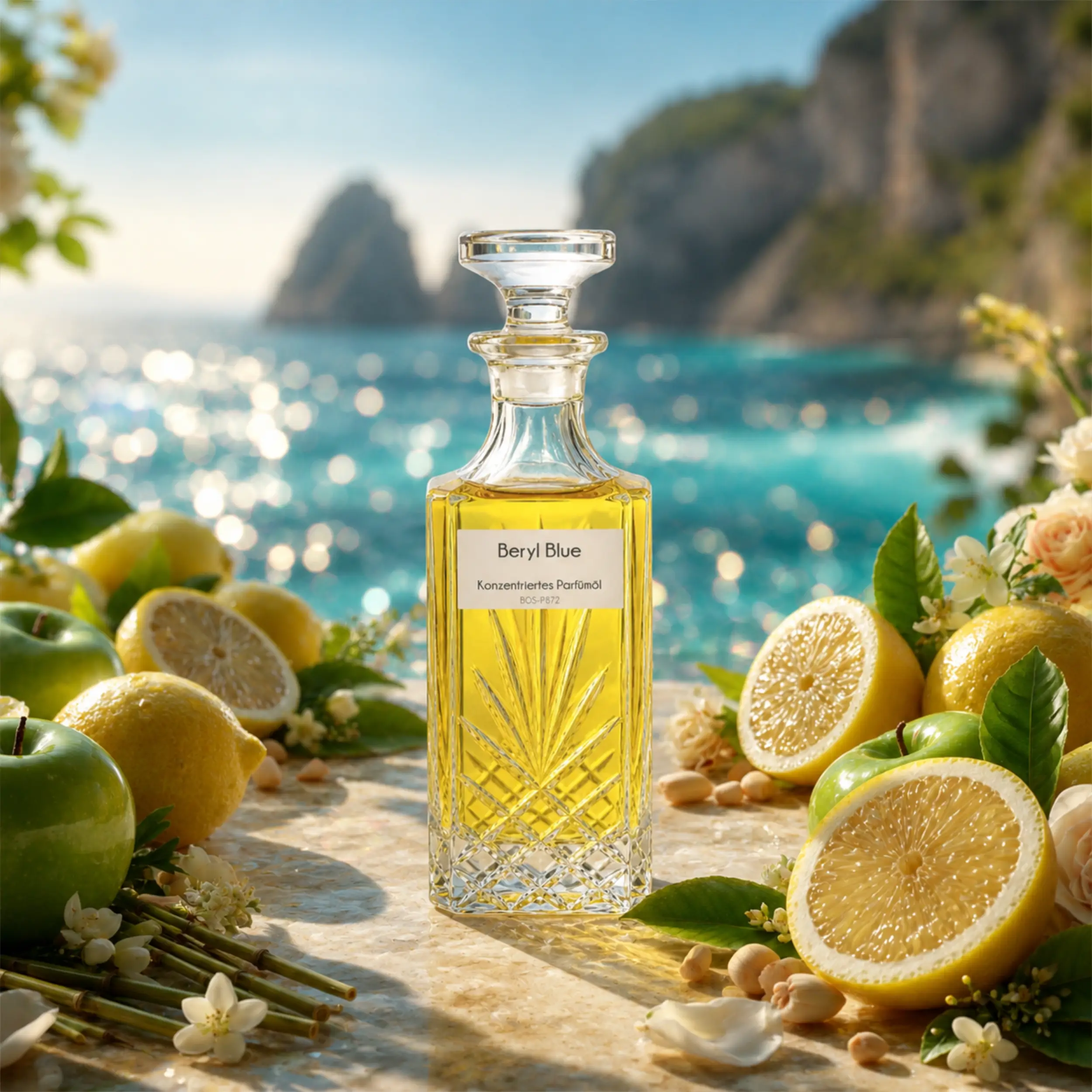 Sultan Essancy Beryl Blue Parfümöl Flakon in mediterraner Zitrus-Szene, frisch-zitrischer Duftzwilling und Dupe für Damen mit sizilianischer Zitrone, grünem Apfel, Bambus, Jasmin, weißer Rose, Zedernholz, Moschus und Amber – Oriental-Style.