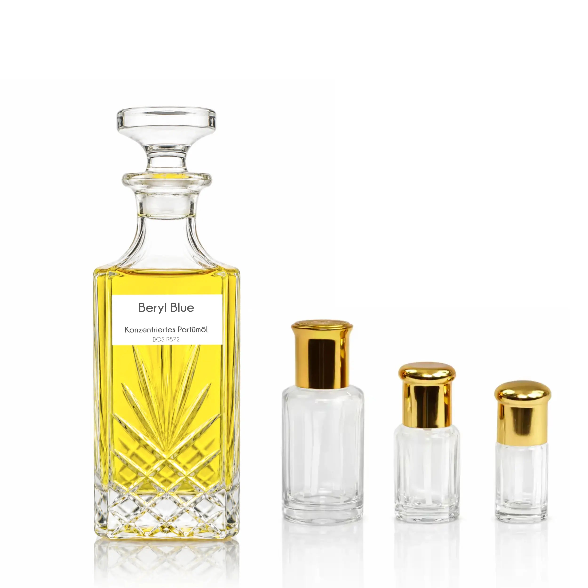Sultan Essancy Beryl Blue Parfümöl Set mit großer Glasflasche und kleinen Roll-on-Flakons, frisch-zitrischer Duftzwilling und Dupe für Damen mit sizilianischer Zitrone, grünem Apfel, Bambus, Zedernholz, Moschus und Amber – Oriental-Style.