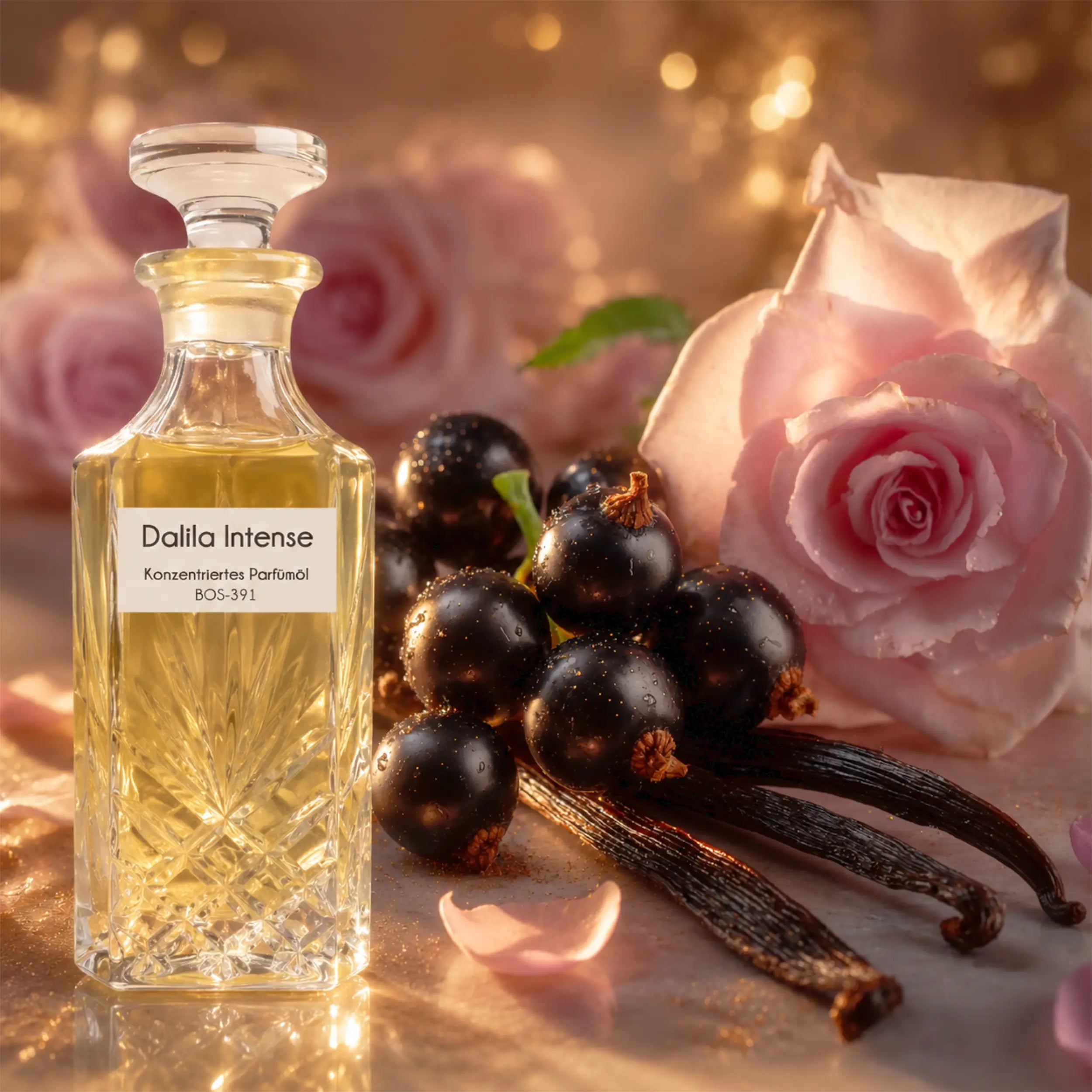 Sultan Essancy Dalila Intense Parfümöl in luxuriöser Duftszene mit Cassis, Rose und Vanille, intensiver Duftzwilling und Dupe für Damen mit schwarzer Johannisbeere, Patchouli, Holznoten und Ambroxan – Oriental-Style.