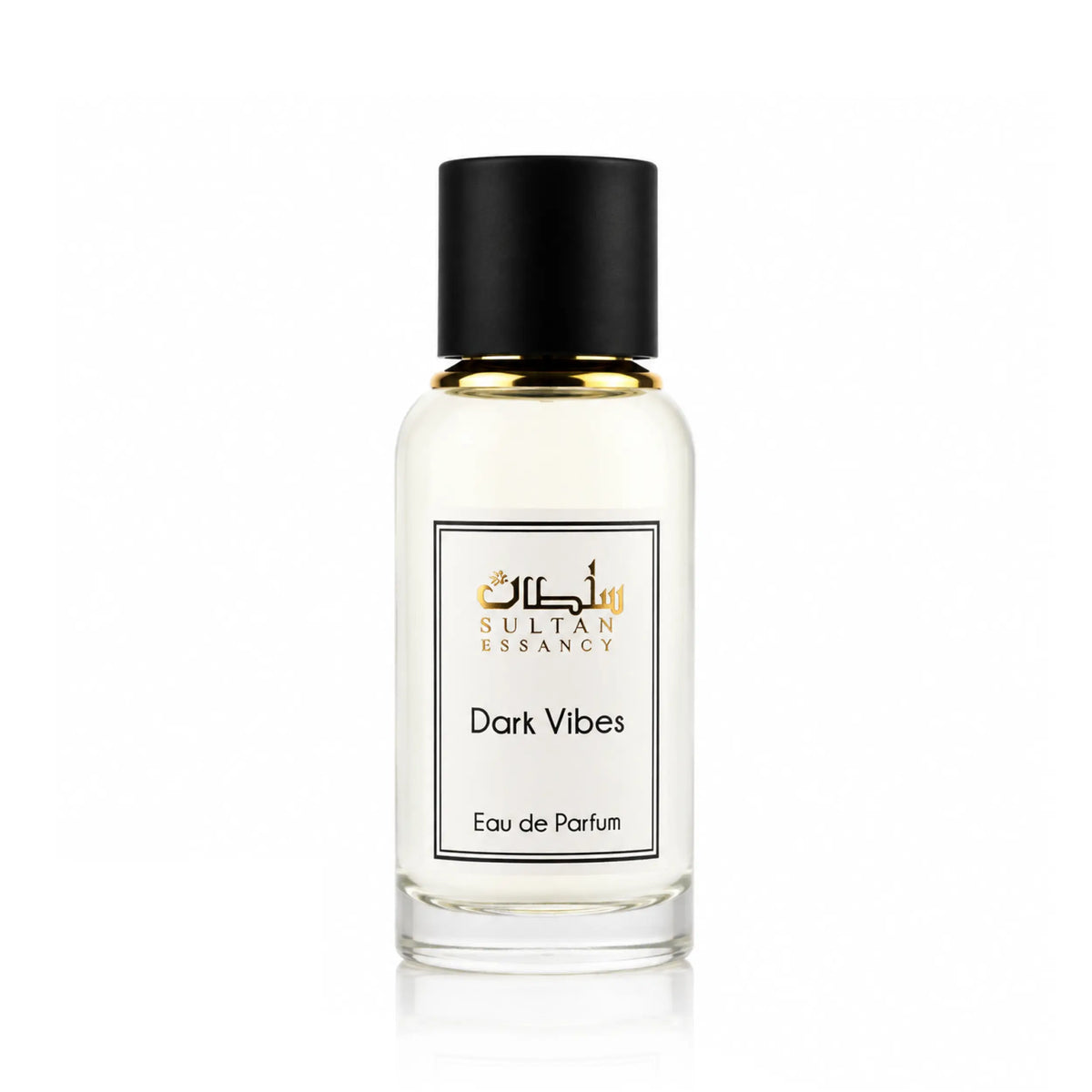Sultan Essancy Dark Vibes Eau de Parfum Flakon auf weißem Hintergrund mit klarer Glasoptik und hochwertiger Produktfotografie