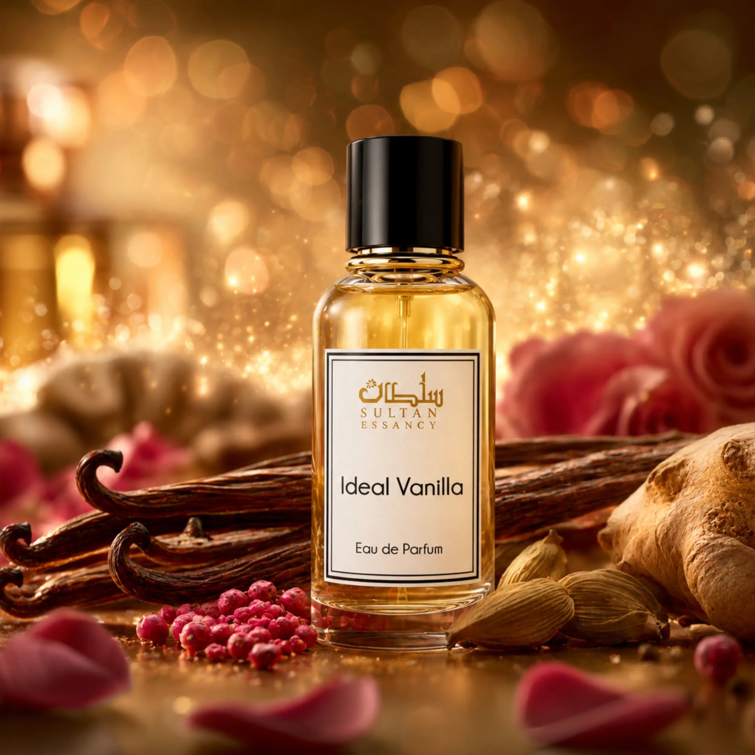 Ideal Vanilla Eau de Parfum von Sultan Essancy, ein warmer Vanille-Dupe mit Kardamom, Ingwer, rosa Pfeffer und Rose in luxuriöser Duftkulisse