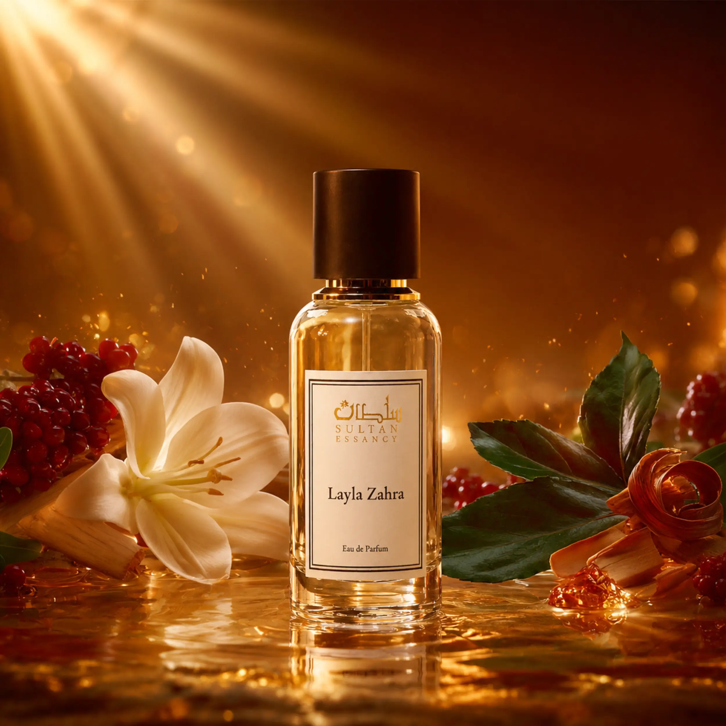 Sultan Essancy Layla Zahra Eau de Parfum für Frauen in warmer Luxus-Szene mit weißer Ingwerlilie, Miracle Berry, Bergamotte, Patchouli, Akigalawood und Eiche, eleganter Dupe und Duftzwilling bei Oriental-Style