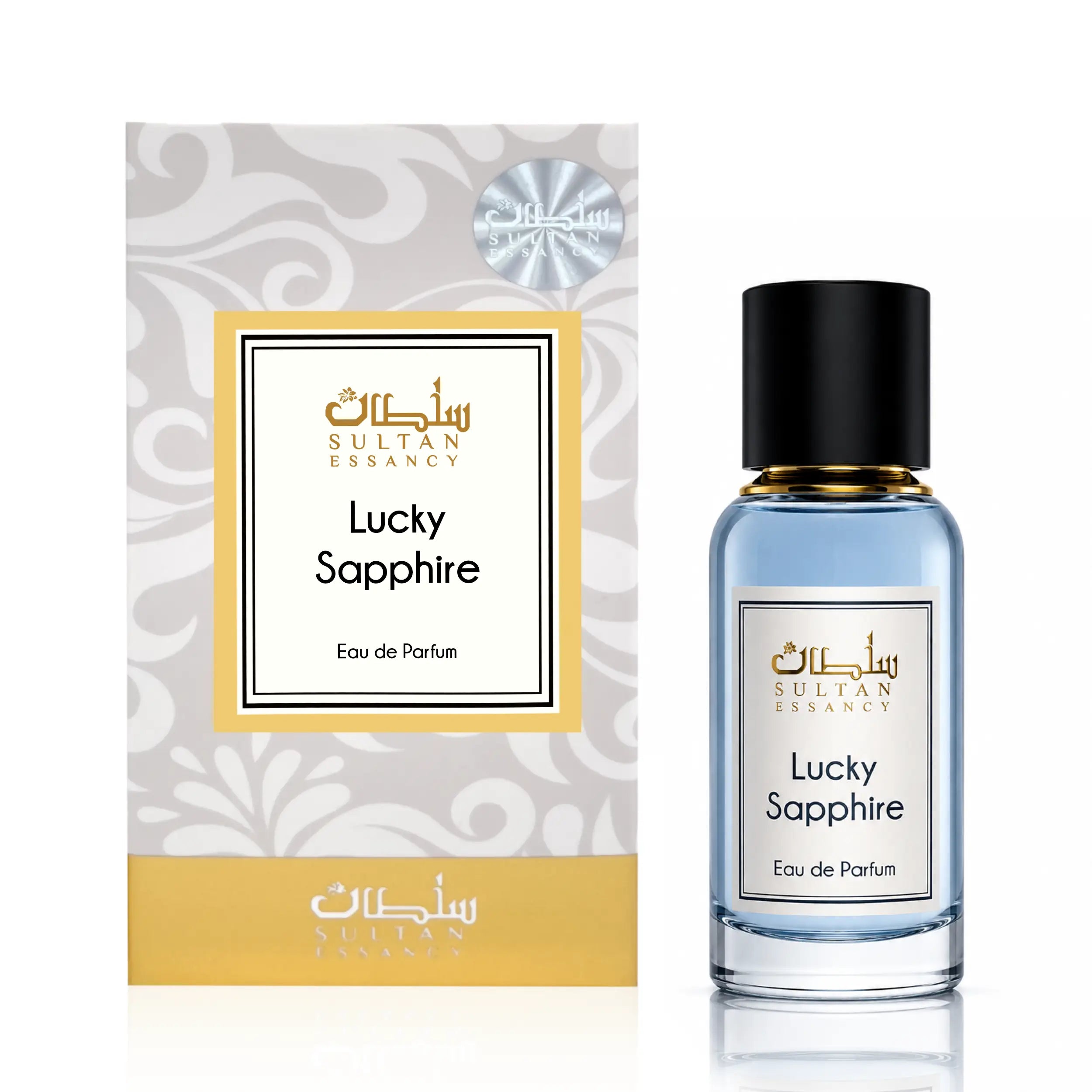 Sultan Essancy Lucky Sapphire Eau de Parfum mit Box und Flakon, kristallin-frischer Duftzwilling und Dupe mit Birne, Bergamotte, Mandarine, Ingwer, Orangenblüte, Moschus und modernen Holznoten – Oriental-Style.