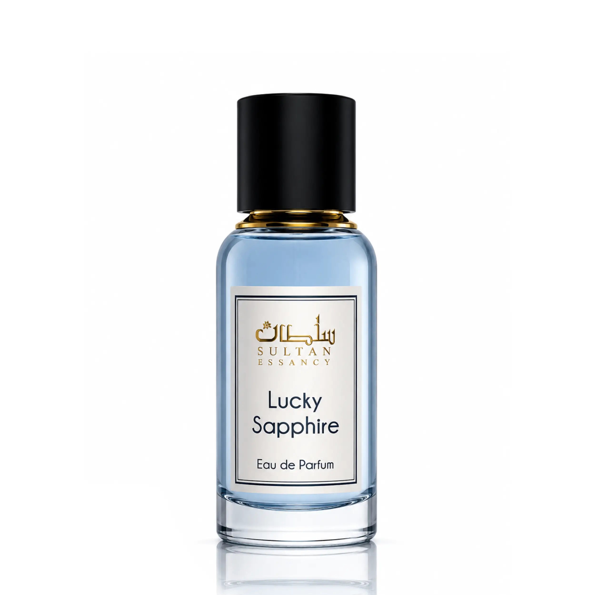 Sultan Essancy Lucky Sapphire Eau de Parfum Flakon mit hellblauem Duft, fruchtig-frischer Duftzwilling und Dupe mit Birne, Zitrus, Ingwer, Moschus und Holznoten – Oriental-Style.