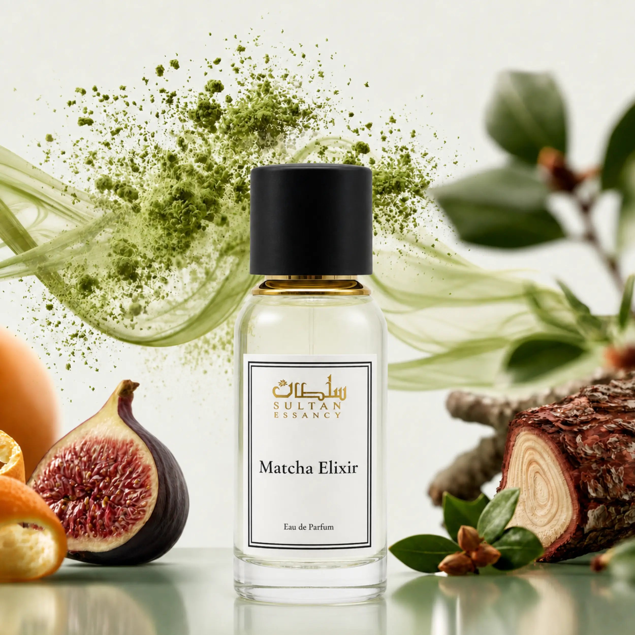 Sultan Essancy Matcha Elixir Eau de Parfum – Flakon mit Matcha-Pulver, Feige und Zedernholz