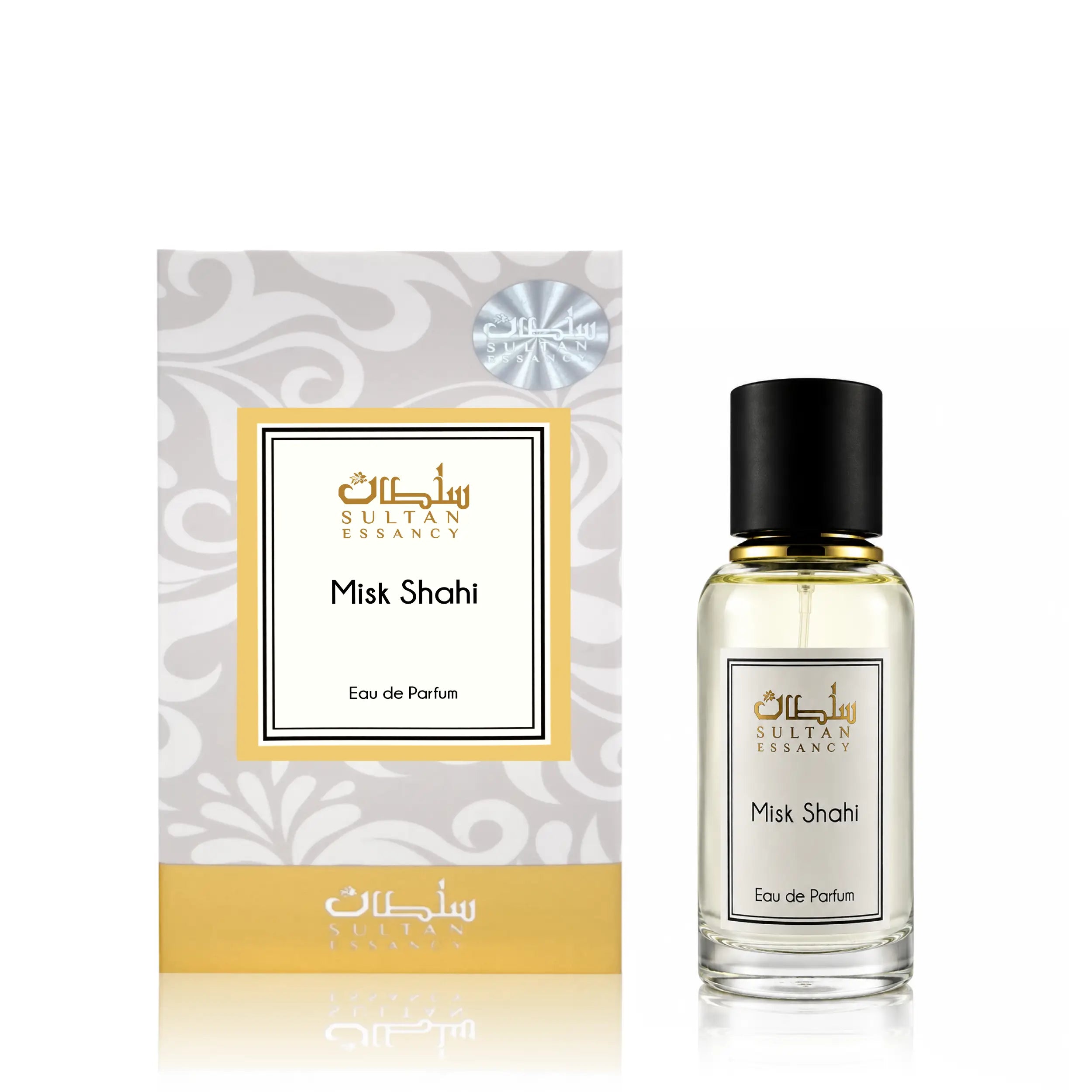 Sultan Essancy Misk Shahi Eau de Parfum mit elegantem Duftflakon und Verpackung, aromatischer Oud-Duft mit Amber, Leder und Moschus