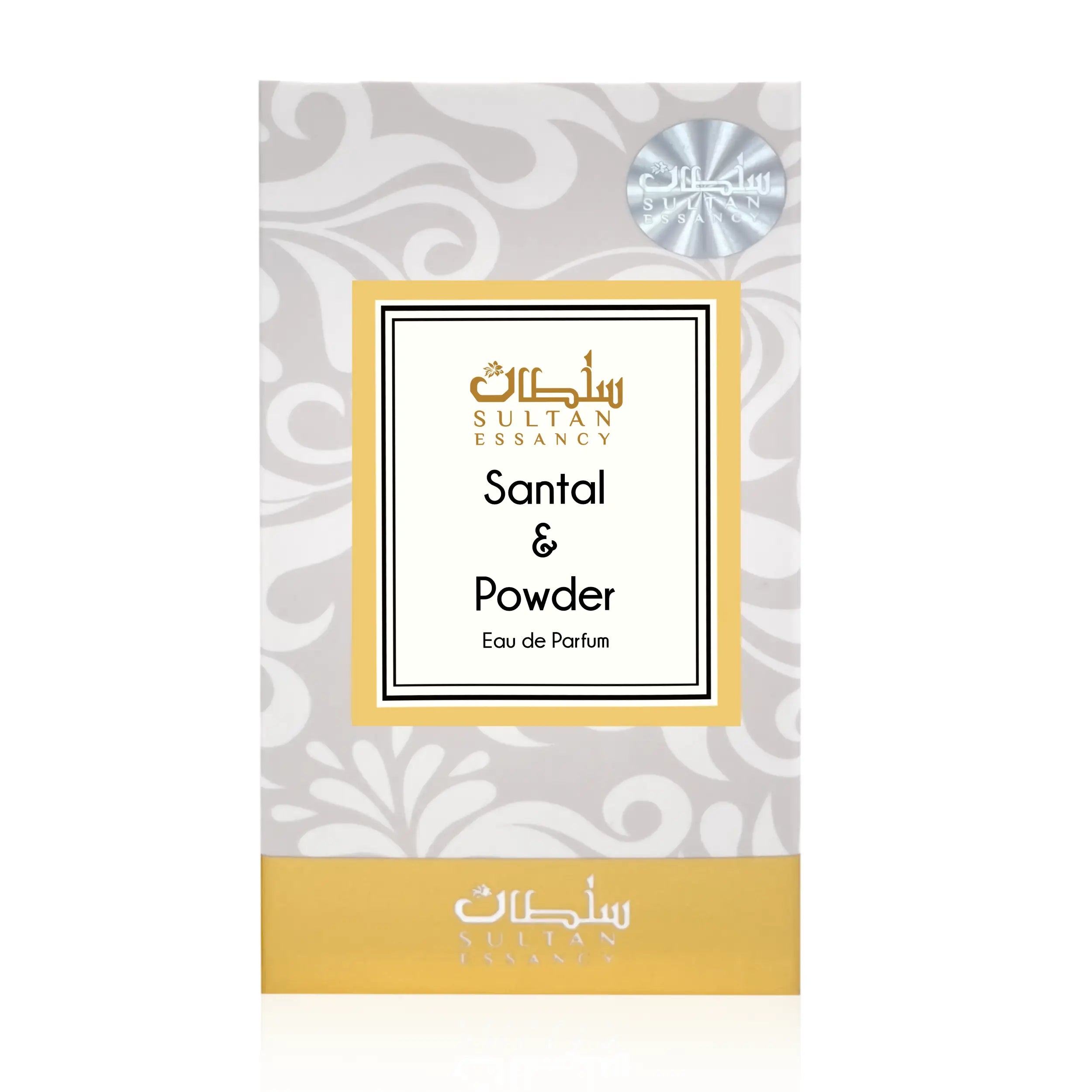 Verpackung von Sultan Essancy Santal & Powder Eau de Parfum, pudrig-holziger Duftzwilling mit Sandelholz, Iris, Moschus, Amber und Vanille