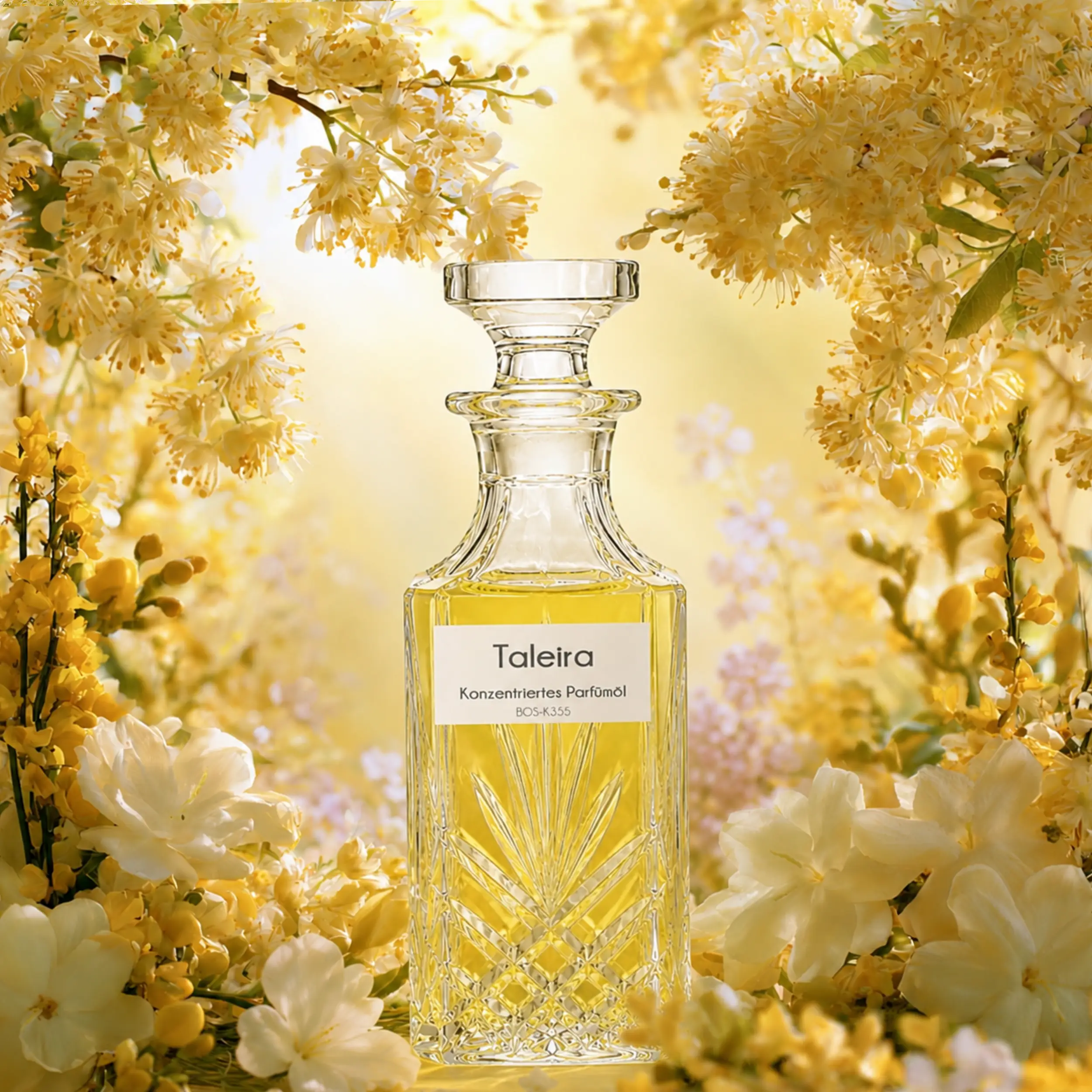 Sultan Essancy Taleira Parfümöl Flakon in sonniger Blütenlandschaft, blumiger Lindenblüte-Duftzwilling mit Jasmin-Sambac, Ginster, Heliotrop und Vetiver
