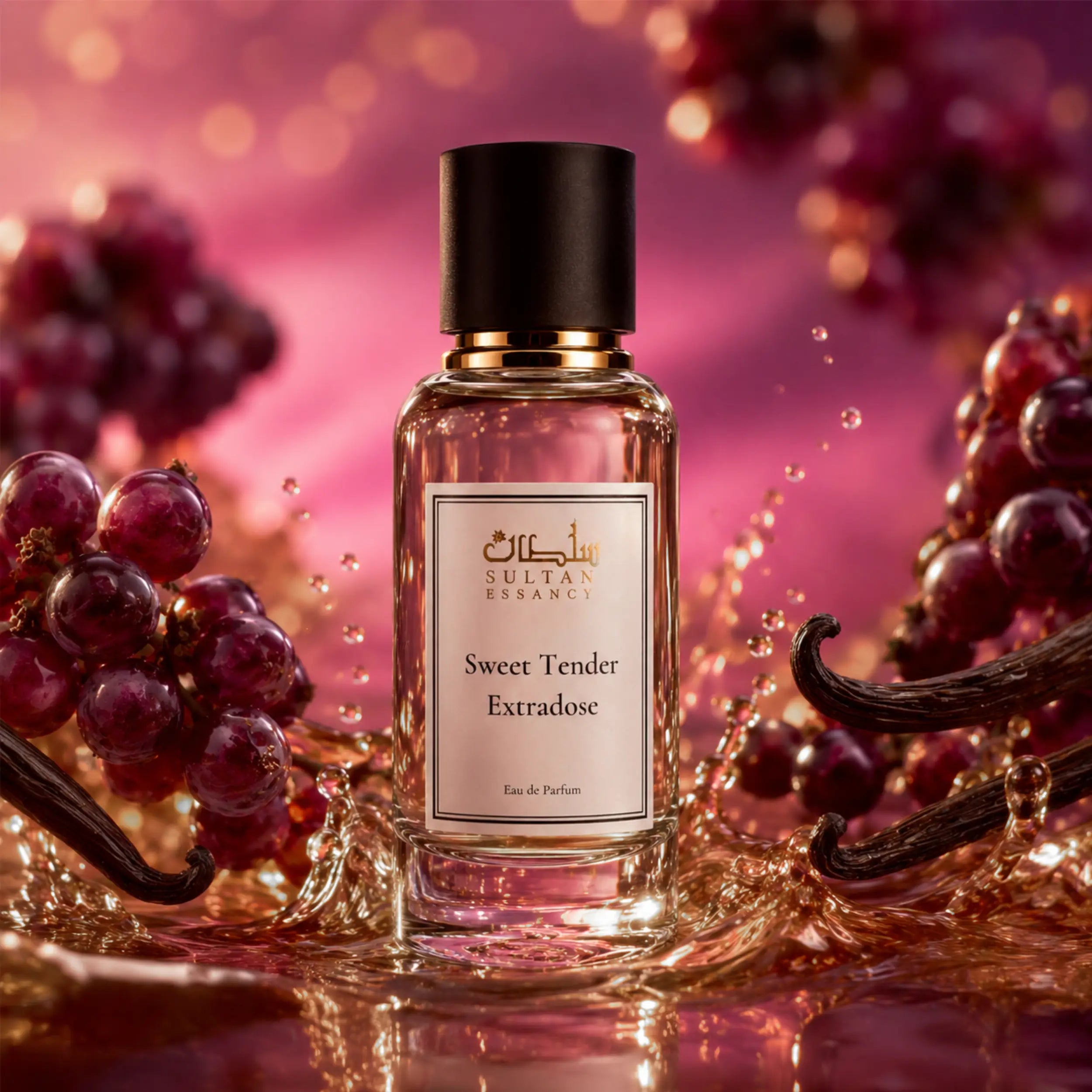 Sweet Tender Extradose Eau de Parfum von Sultan Essancy, femininer Vanille-Gourmand-Duftzwilling mit schwarzer Johannisbeere, flüssigem Rum und cremiger Vanille in leuchtender Magenta-Duftszene