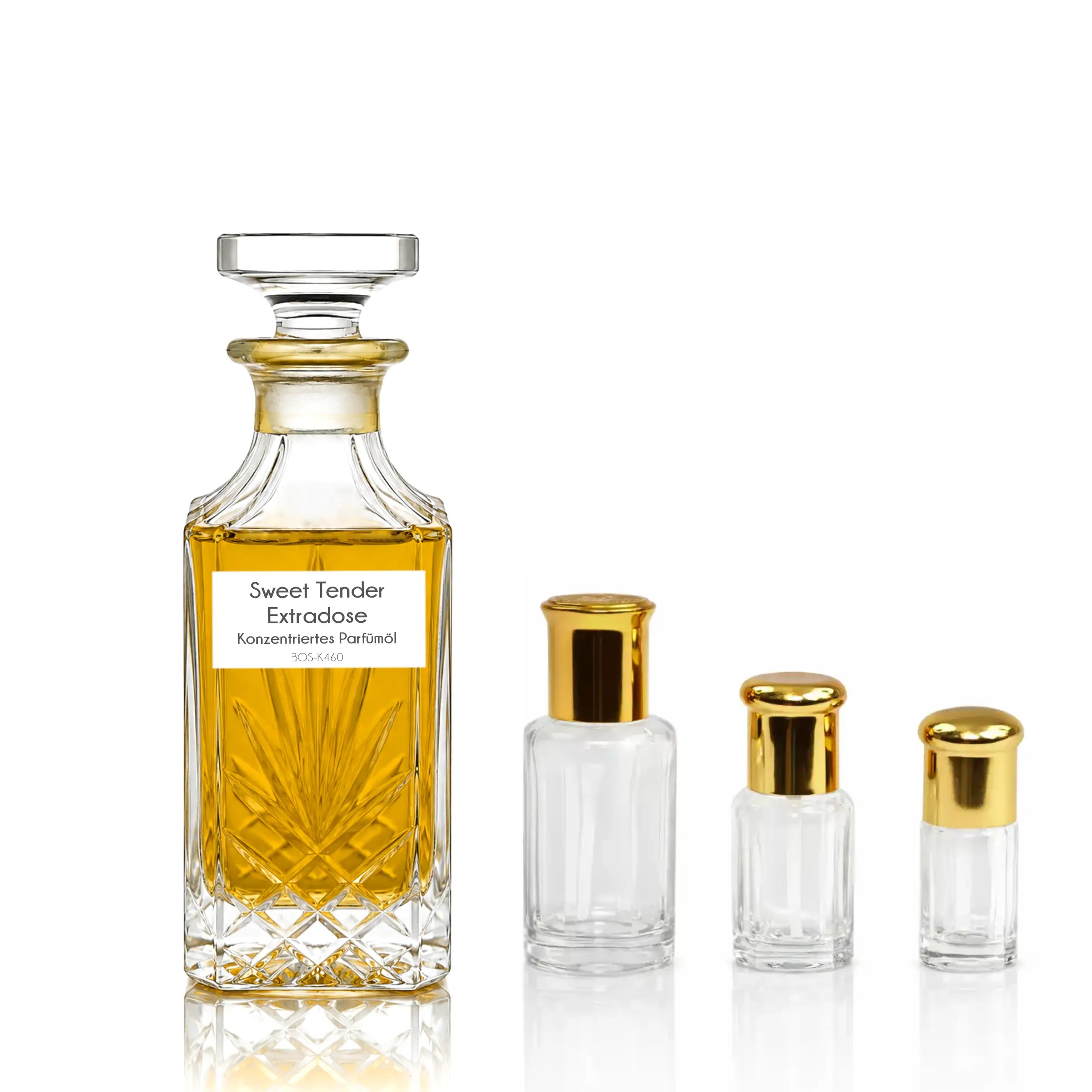 Sweet Tender Extradose Parfümöl von Sultan Essancy für Damen mit schwarzer Johannisbeere, Rum und Vanille, gezeigt im Kristallflakon mit verschiedenen Größen
