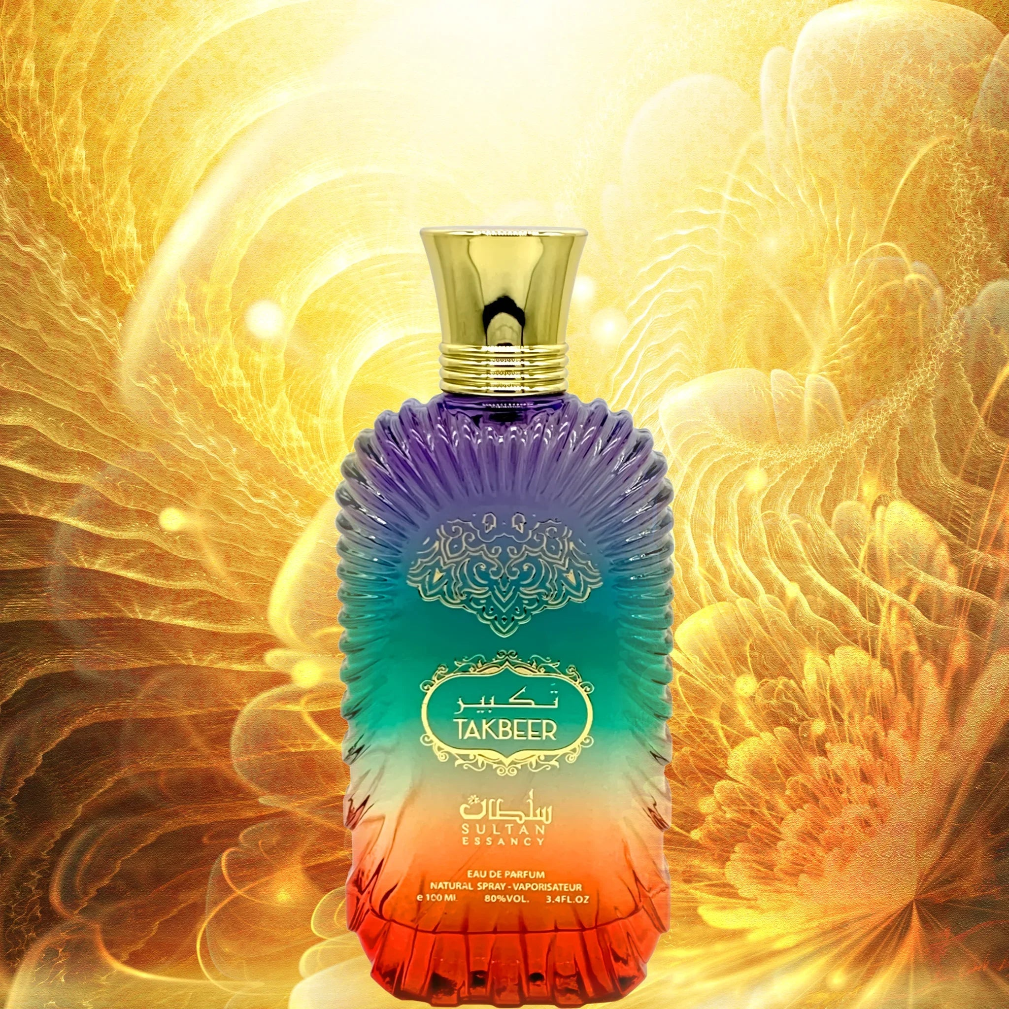 Takbeer Damenparfum von Sultan Essancy in luxuriöser orientalischer Duftinszenierung mit farbenfrohem Flakon und warmem Licht