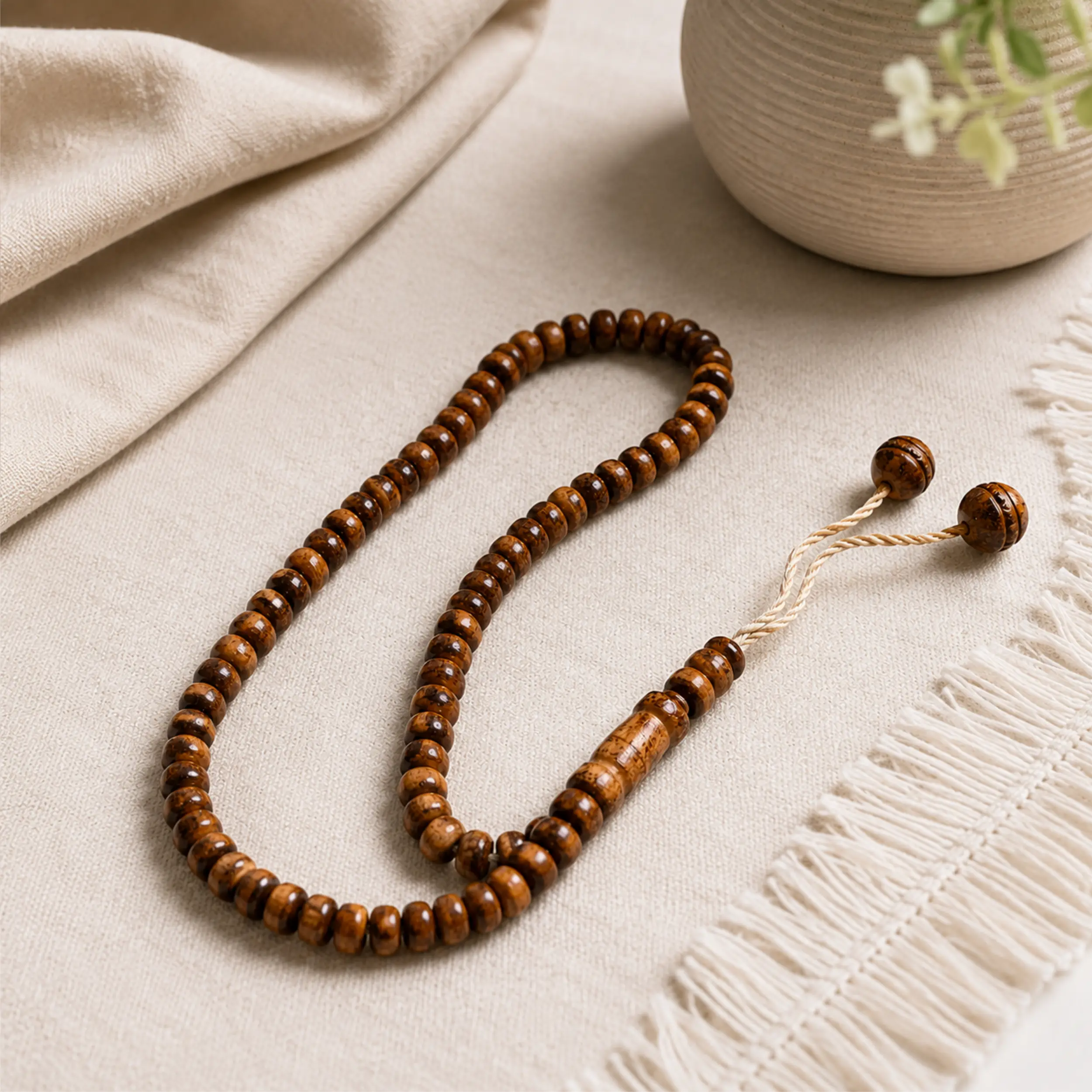 Tasbih aus Eukalyptusholz mit 99 Perlen auf hellem Stoff in ruhiger Umgebung