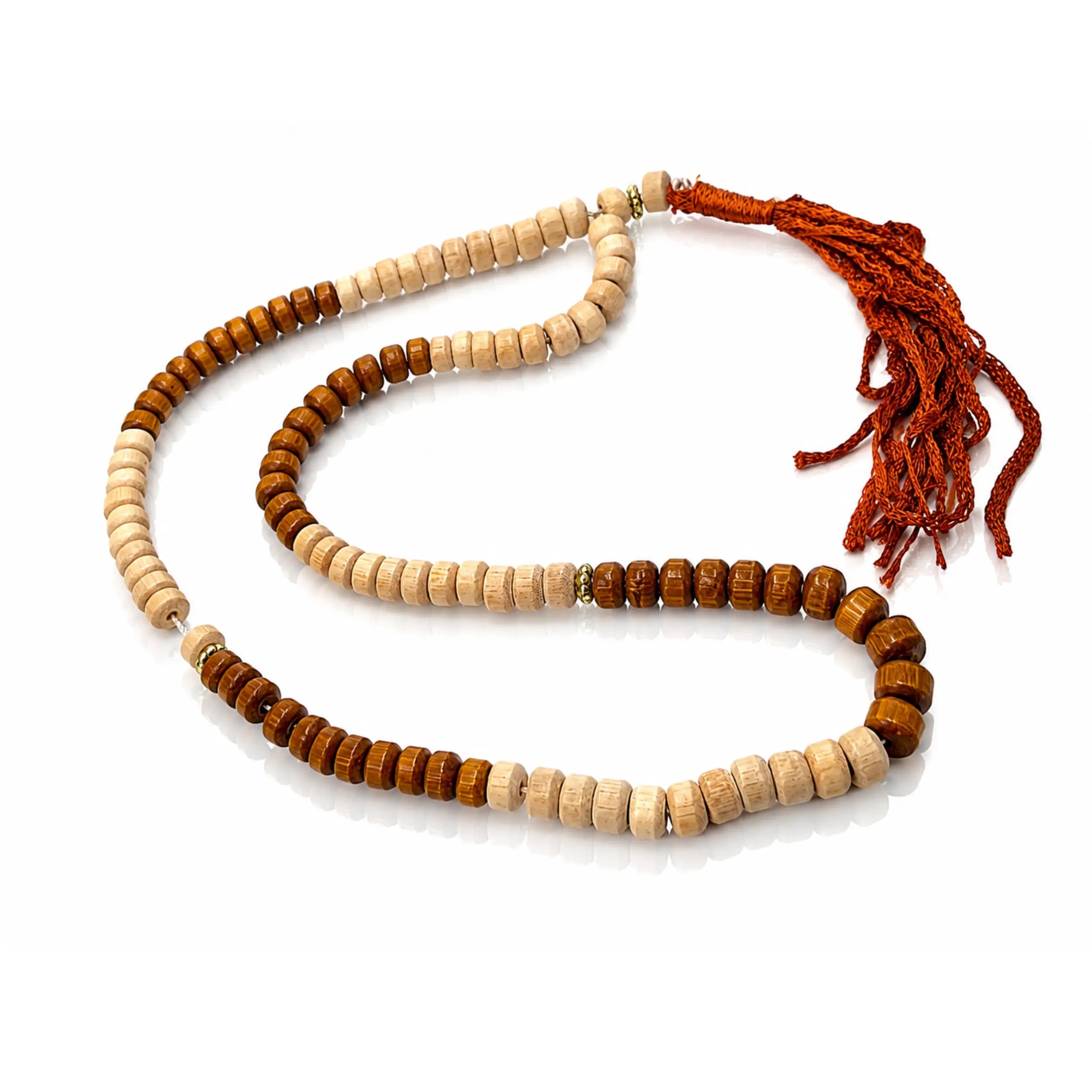 Two-tone eucalyptus wood tasbih with 99 beads, silver details and brown tassel on a white background