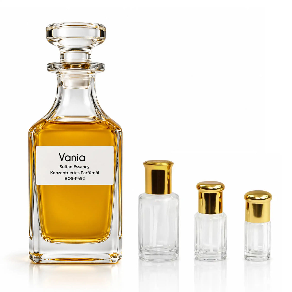 Vania von Sultan Essancy – konzentriertes Unisex Parfümöl im großen Glasflakon mit drei kleineren goldfarben verschlossenen Flakons