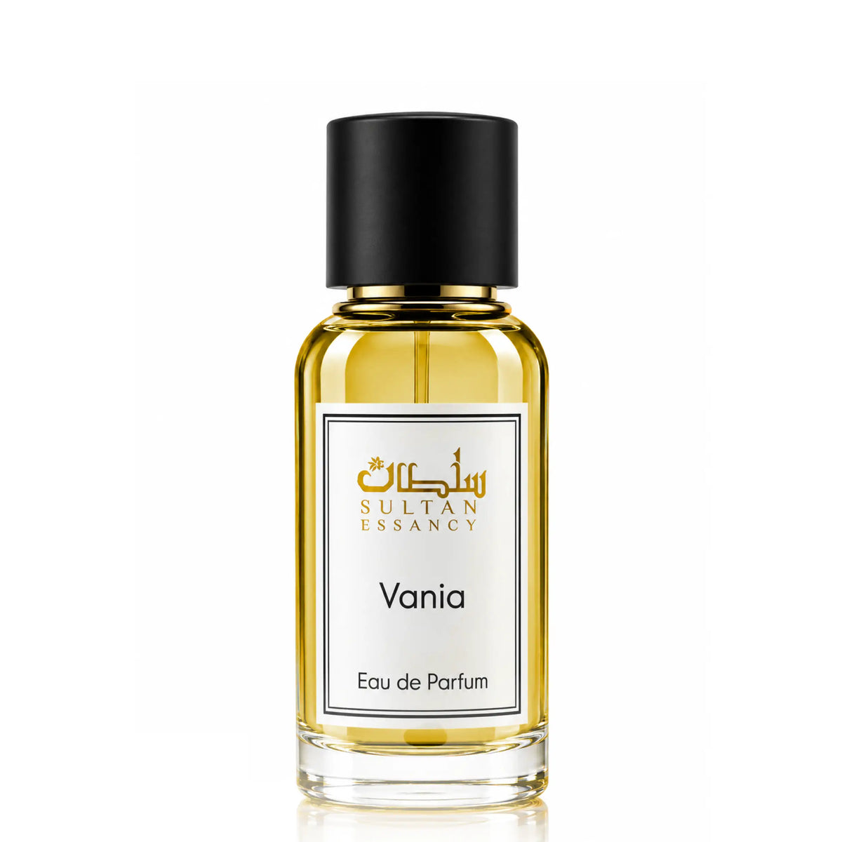Vania von Sultan Essancy – Unisex Eau de Parfum im transparenten Glasflakon mit goldgelber Flüssigkeit und schwarzem Verschluss