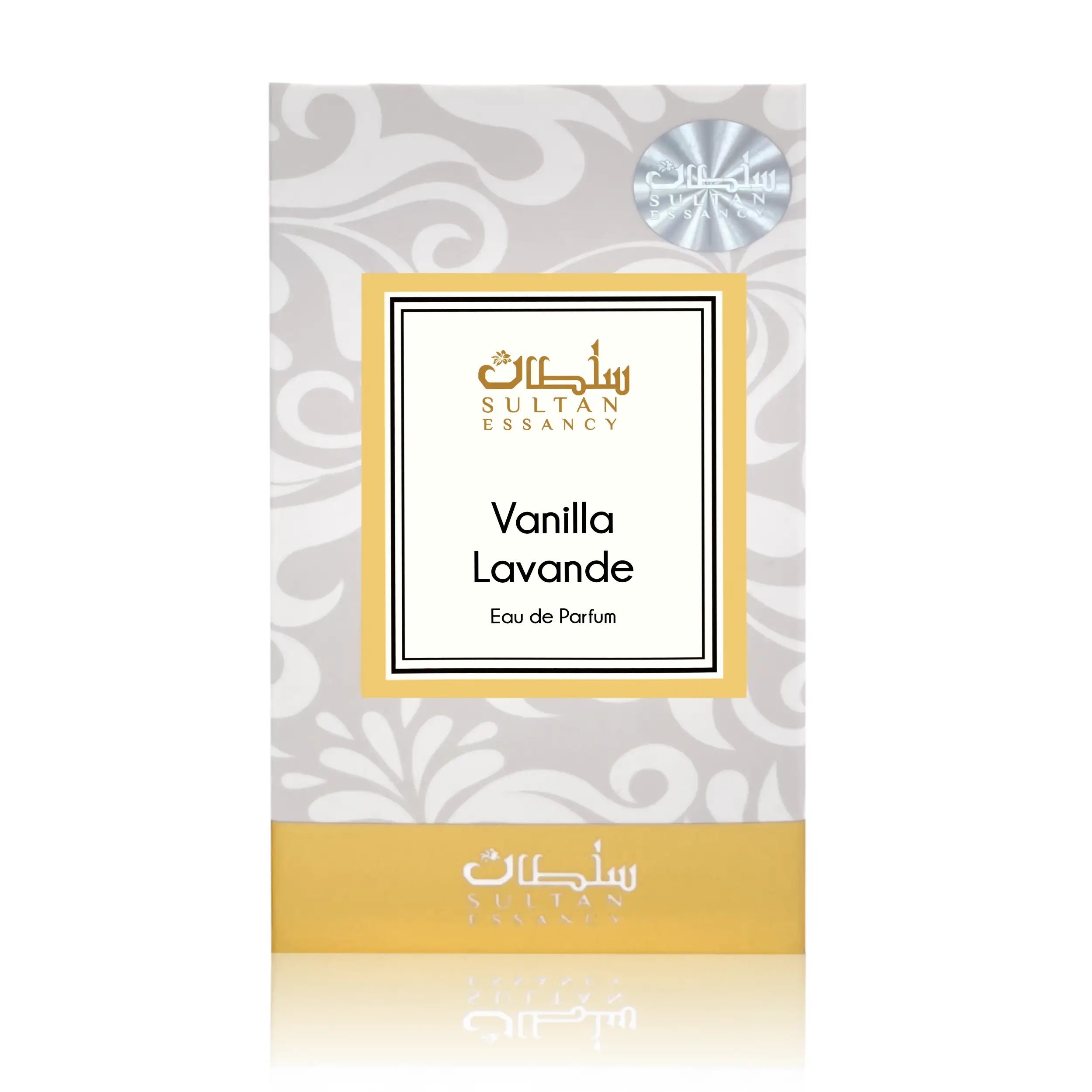 Vanilla Lavande Verpackung von Sultan Essancy, süß-florales Damenparfum mit Vanille, Lavendel, Orangenblüte, Vanillekaviar und warmer Rum-Nuance