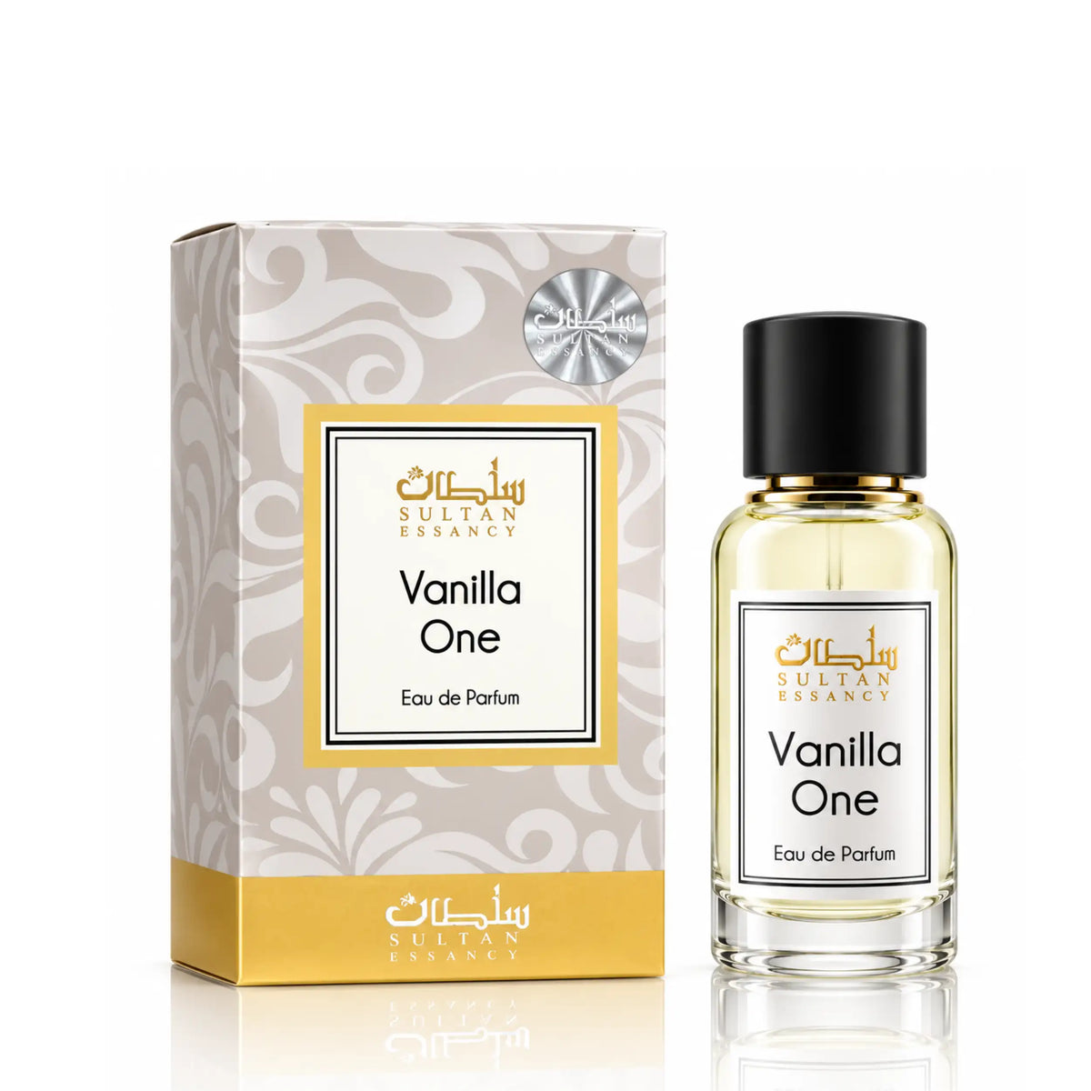 Vanilla One Eau de Parfum für Damen von Sultan Essancy – transparenter Glasflakon mit schwarzem Verschluss neben der cremefarbenen Originalverpackung mit goldenen Details.