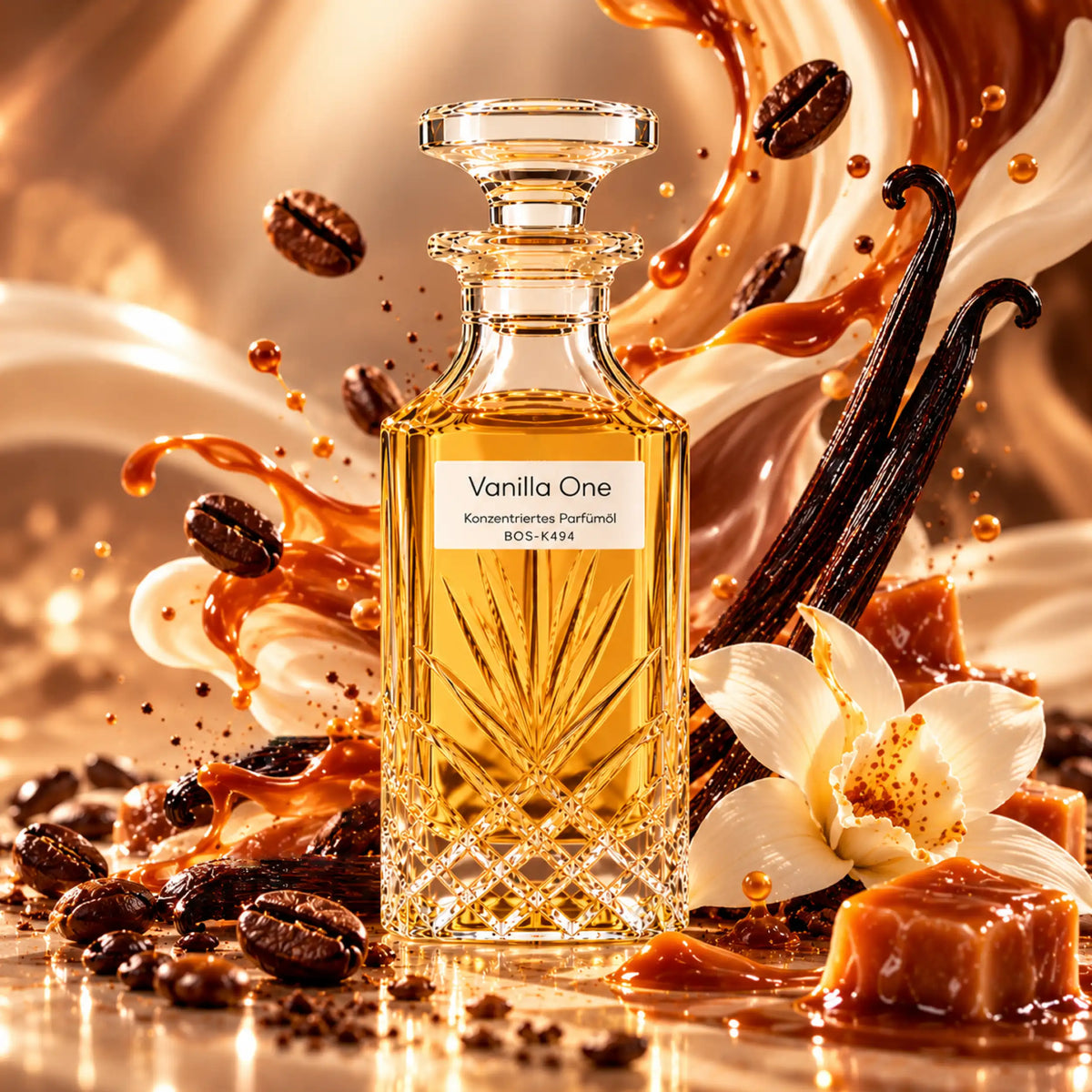 Vanilla One Gourmand-Parfümöl für Damen von Sultan Essancy im geschliffenen Glasflakon mit goldgelbem Duftöl, umgeben von Vanilleschoten, gerösteten Kaffeebohnen, cremigen Cappuccino-Wirbeln und Karamell.
