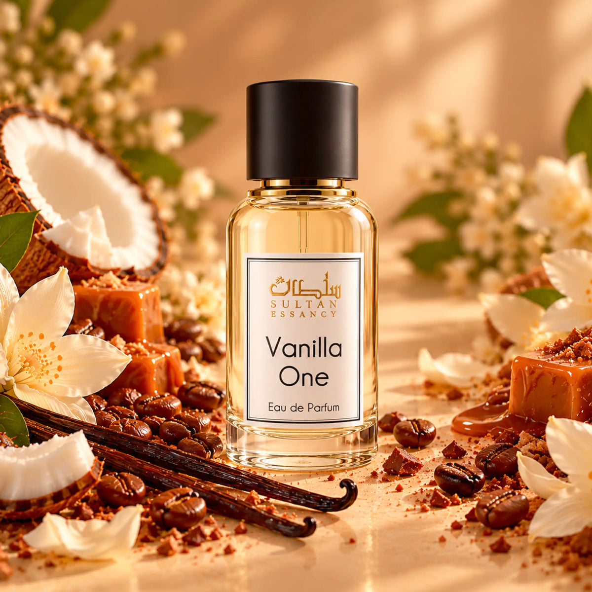 Vanilla One von Sultan Essancy – elegantes Gourmand Duftbild mit dunklen Vanilleschoten, cremefarbenen Blüten, Kokosnuss und Karamell in warmen, goldenen Beigetönen.