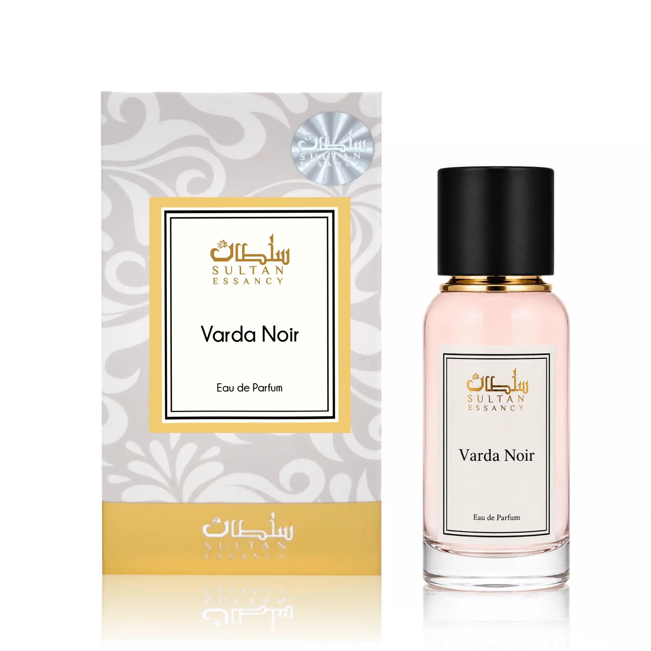 Varda Noir Eau de Parfum von Sultan Essancy als femininer Duftzwilling mit Pflaume, Moschus, Rose, Tuberose und Vanille, gezeigt mit Flakon und Verpackung