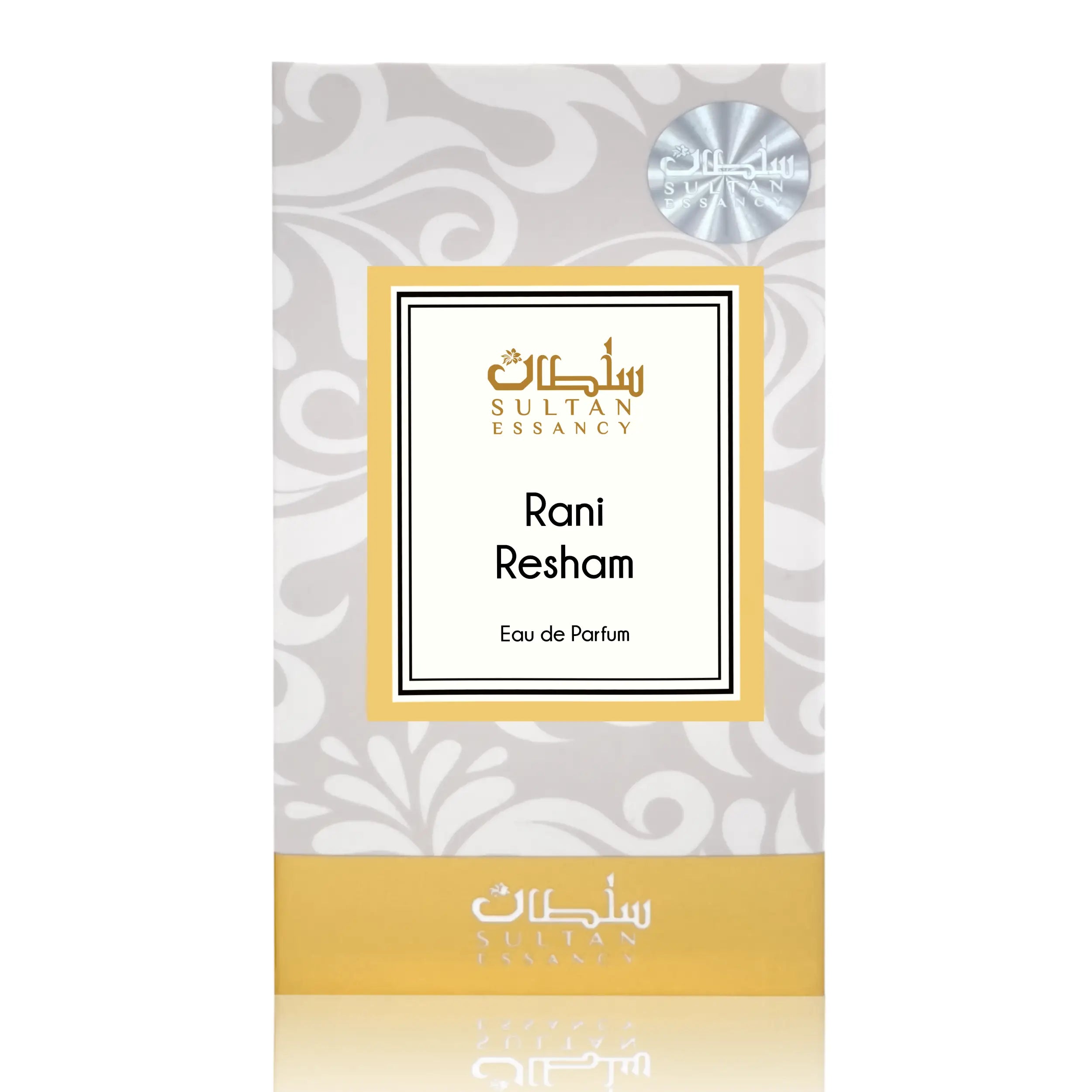 Verpackung von Rani Resham Sultan Essancy – Damenparfüm mit Safran und Tuberose, Dupe und Alternative für edle seidige Amber-Düfte