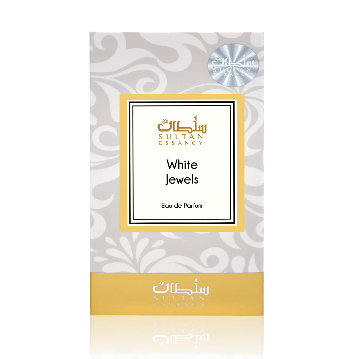 White Jewels Parfümverpackung von Sultan Essancy für einen cremigen Unisex-Duft mit Vanille, weißen Blüten und milchigen Noten