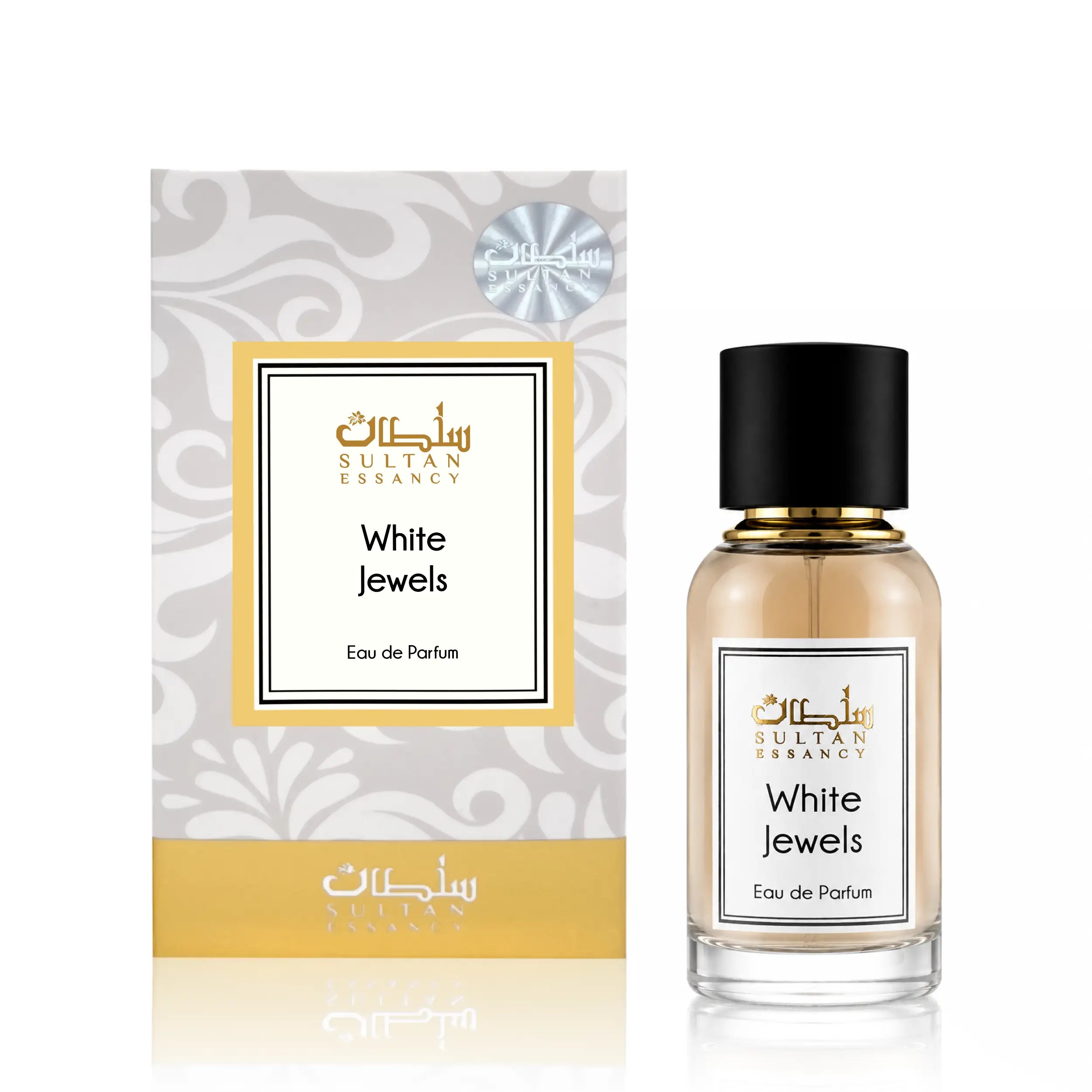 White Jewels von Sultan Essancy mit milchigem laktonischem Duftcharakter, Vanille, weißen Blüten und elegantem Eau de Parfum Flakon