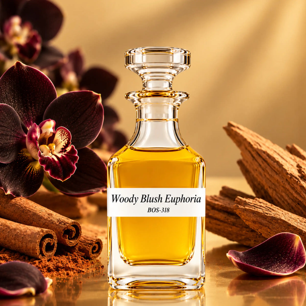 Woody Blush Euphoria Parfümöl von Sultan Essancy im Glasflakon, umgeben von Zimtstangen, schwarzen Orchideen und Sandelholz, vor einem warmgoldenen Hintergrund.